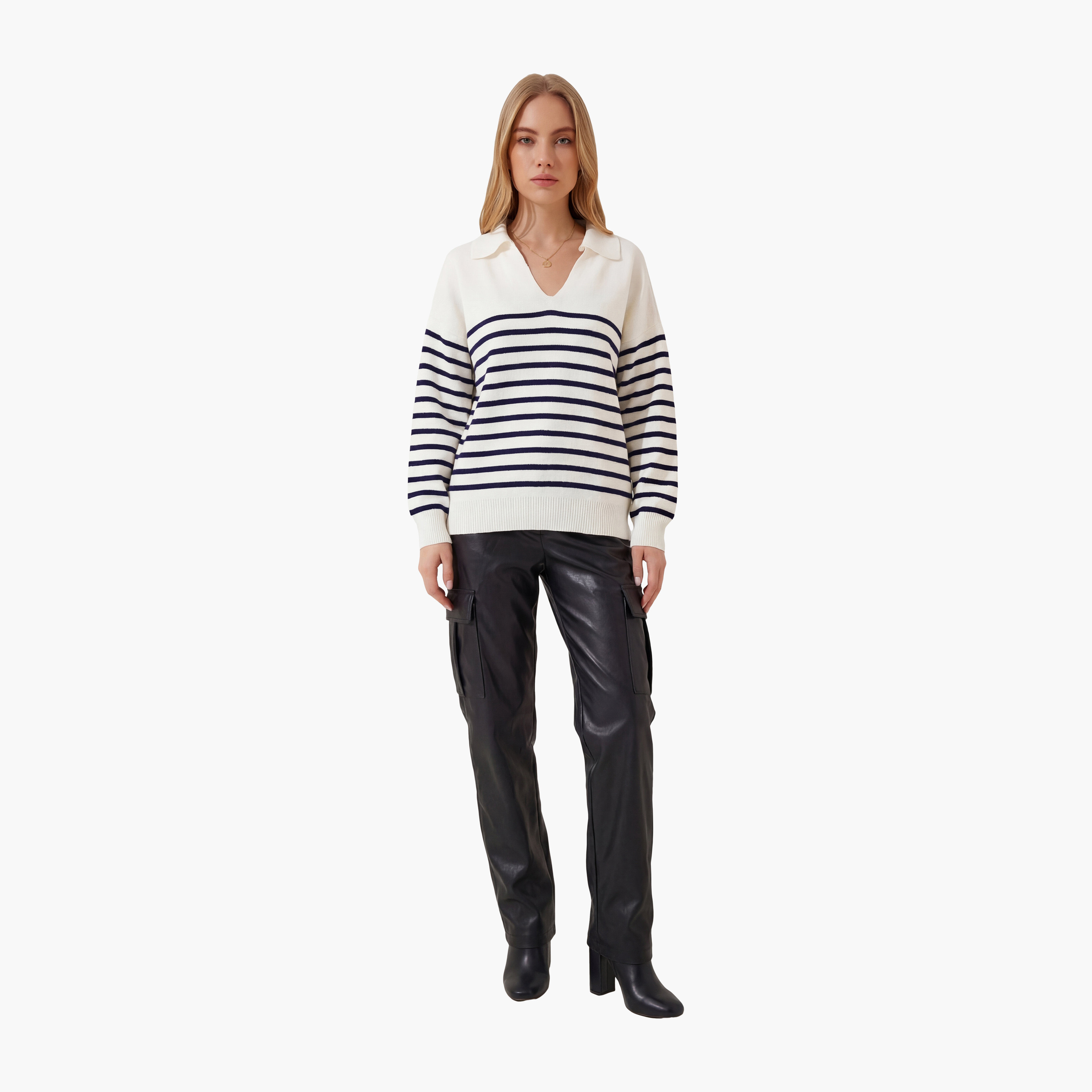 سعادة إسطنبول سترة نسائية مخطط بياقة بأكمام متدلية-women-clothing-cardigansandjumpers-jumpers-image-2