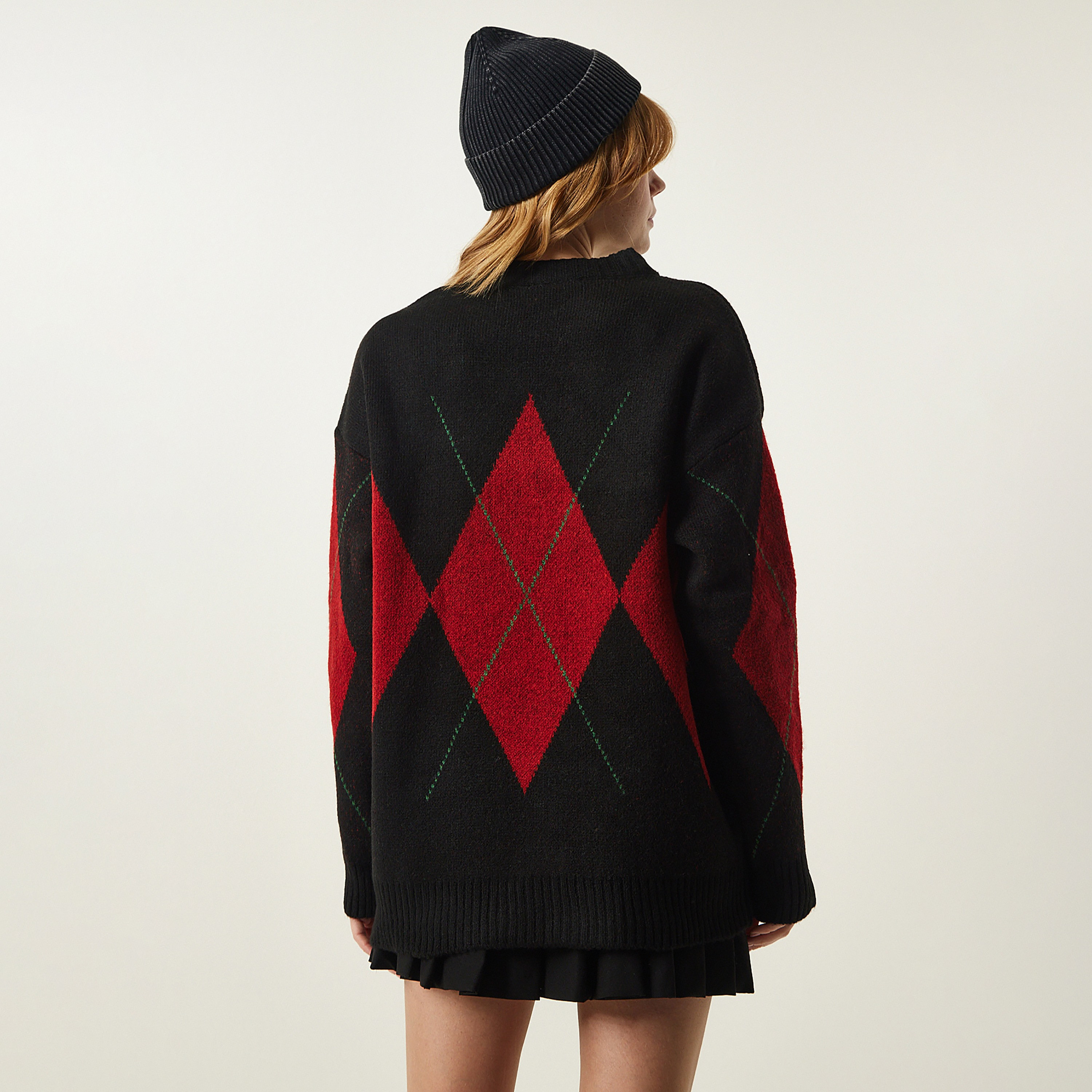 سعادة إسطنبول سوداء أرجايل برقبة وهمية بأكمام منسدلة سترة نسائية-women-winterwear-cardigansandjumpers-jumpers-image-3