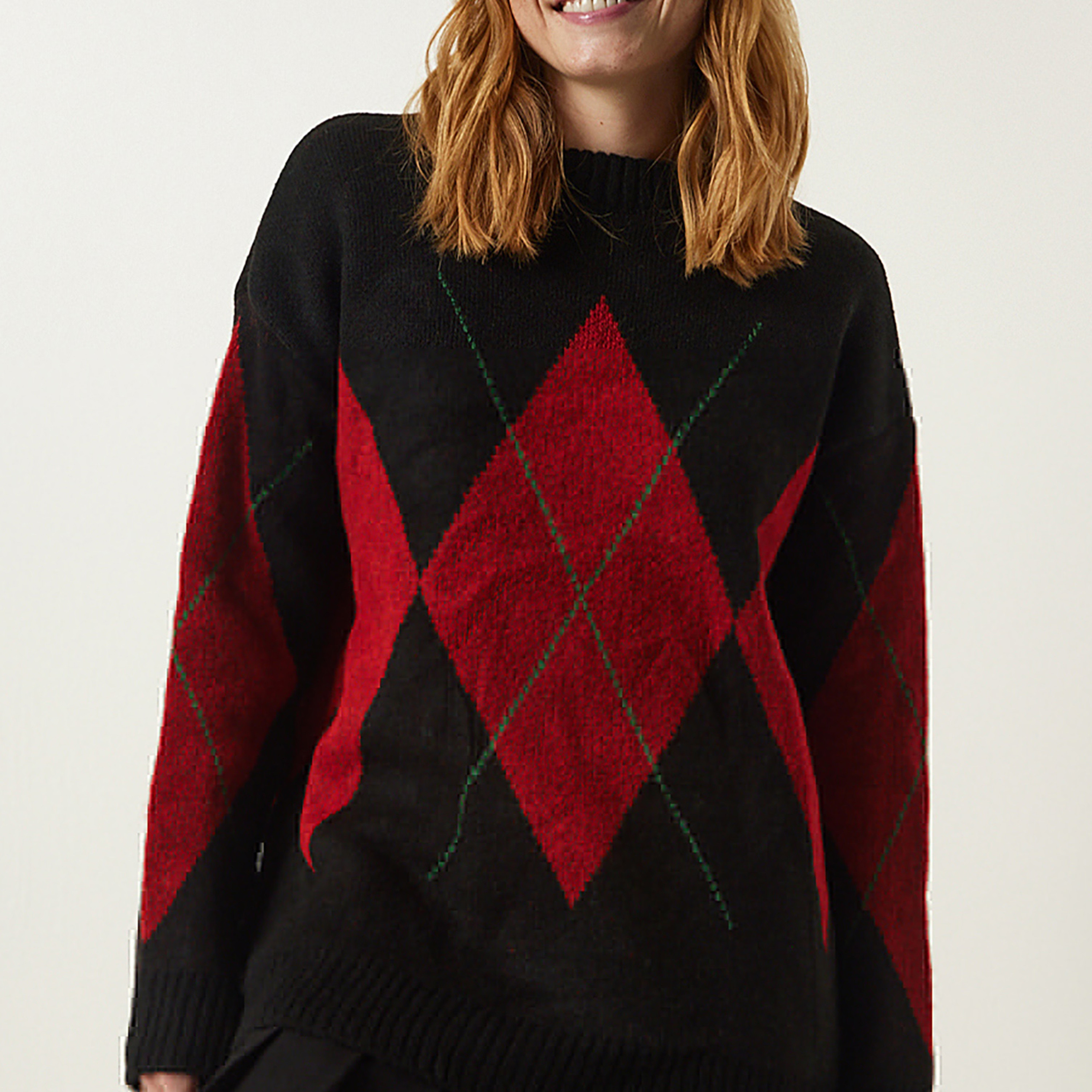 سعادة إسطنبول سوداء أرجايل برقبة وهمية بأكمام منسدلة سترة نسائية-women-winterwear-cardigansandjumpers-jumpers-image-4