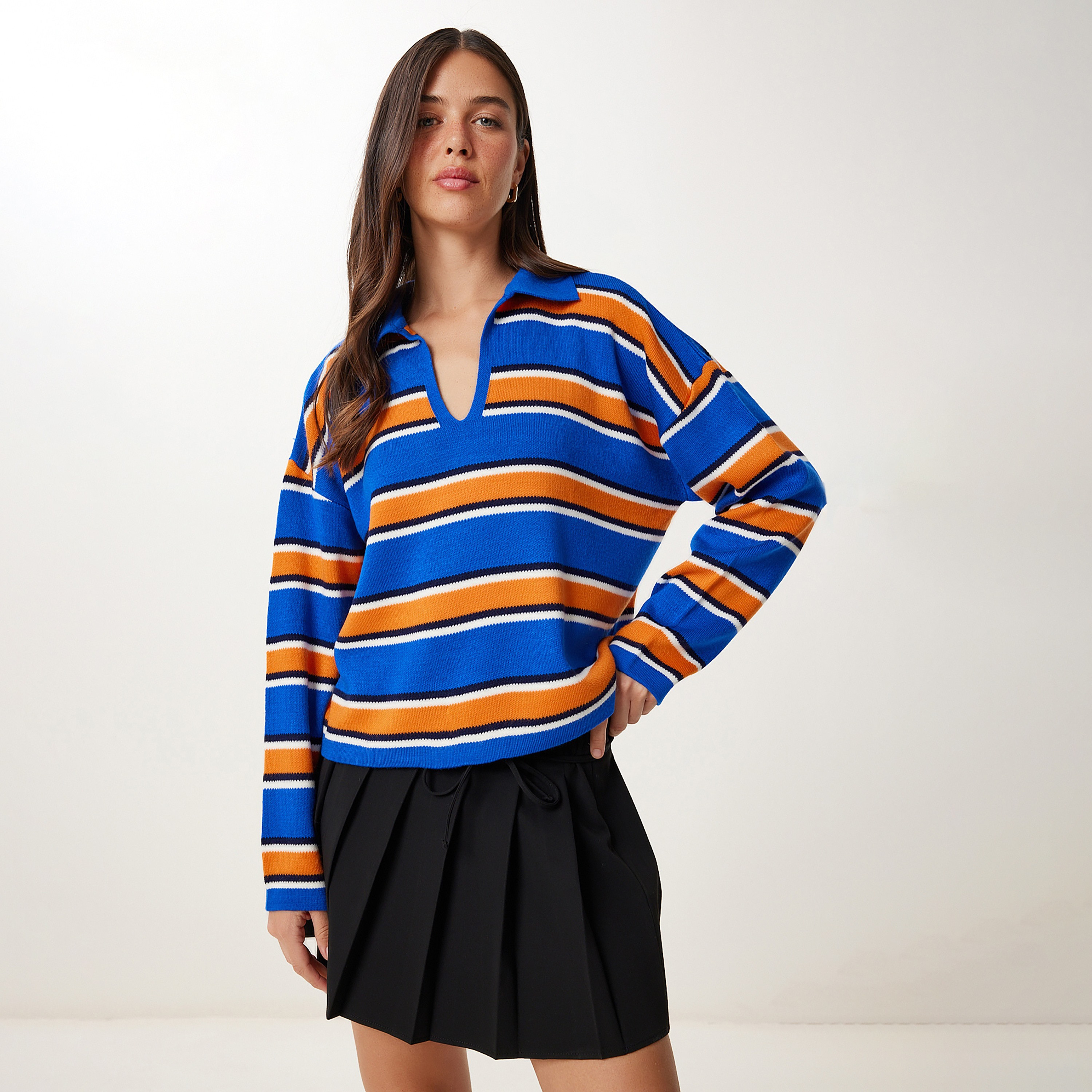 سعادة إسطنبول سترة نسائية بياقة بياقة منخفضة بأكمام مخططة زرقاء-women-clothing-cardigansandjumpers-jumpers-image-4
