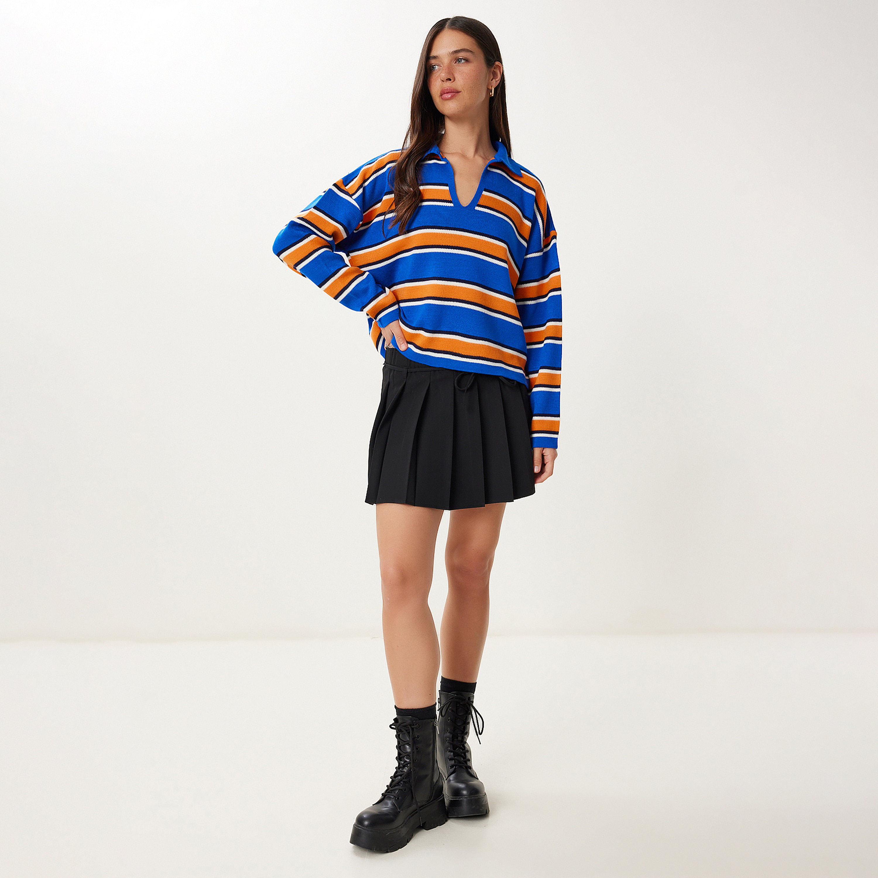 سعادة إسطنبول سترة نسائية بياقة بياقة منخفضة بأكمام مخططة زرقاء-women-clothing-cardigansandjumpers-jumpers-image-3