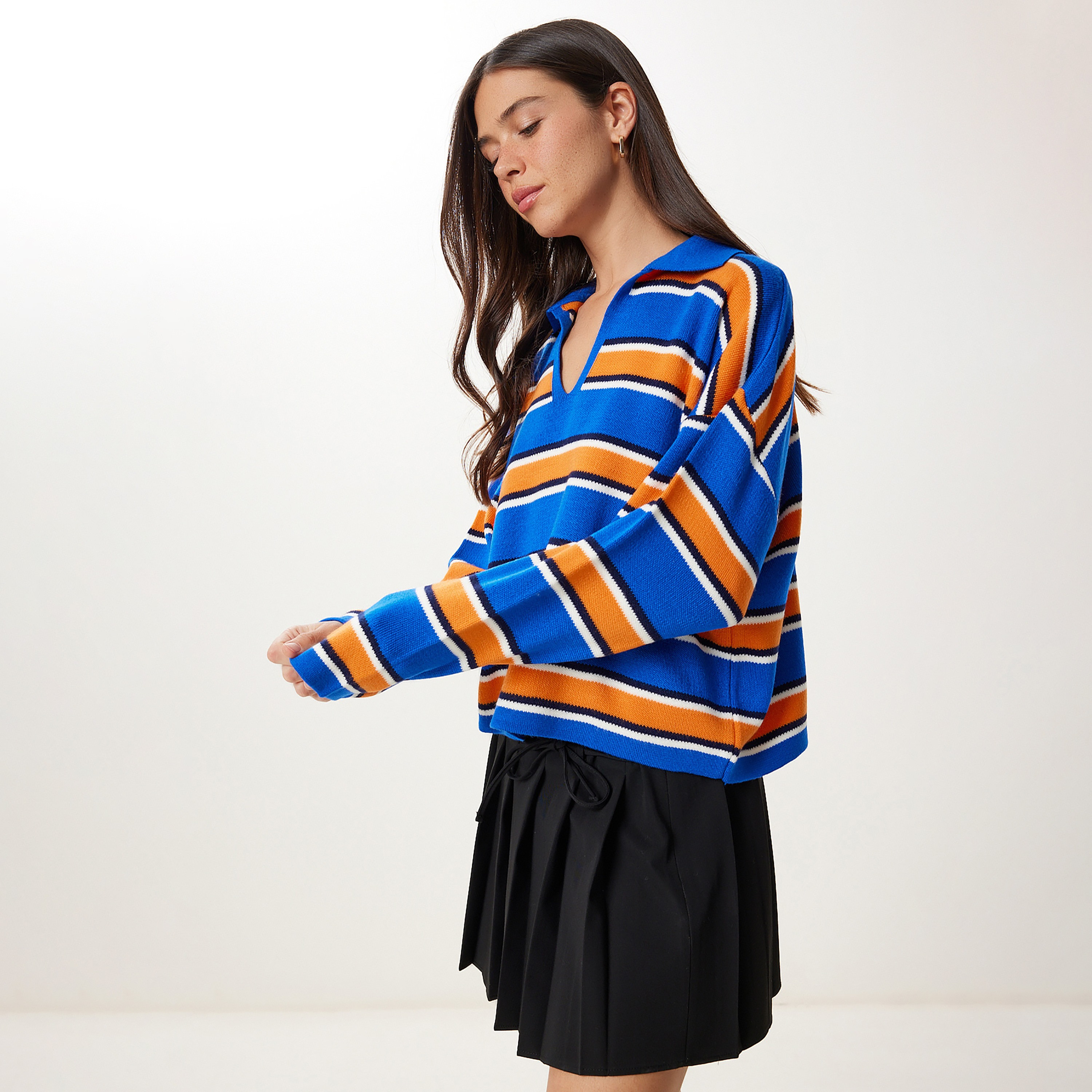 سعادة إسطنبول سترة نسائية بياقة بياقة منخفضة بأكمام مخططة زرقاء-women-clothing-cardigansandjumpers-jumpers-image-2