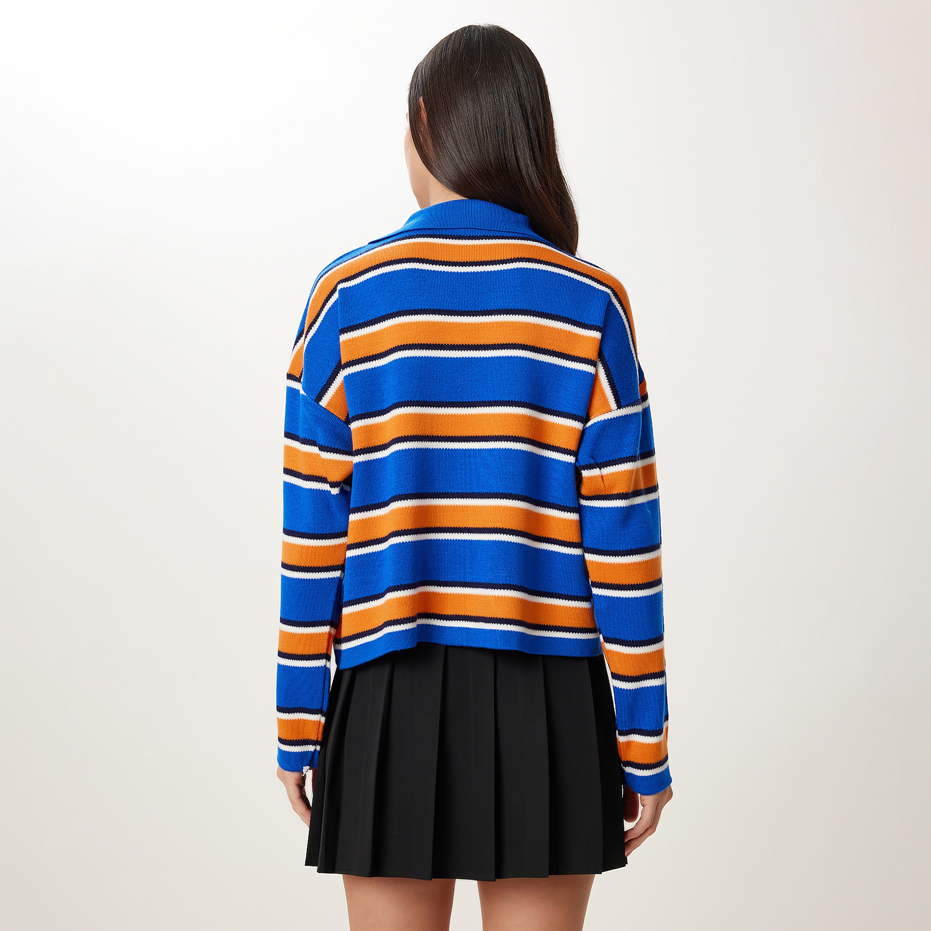سعادة إسطنبول سترة نسائية بياقة بياقة منخفضة بأكمام مخططة زرقاء-women-clothing-cardigansandjumpers-jumpers-image-1