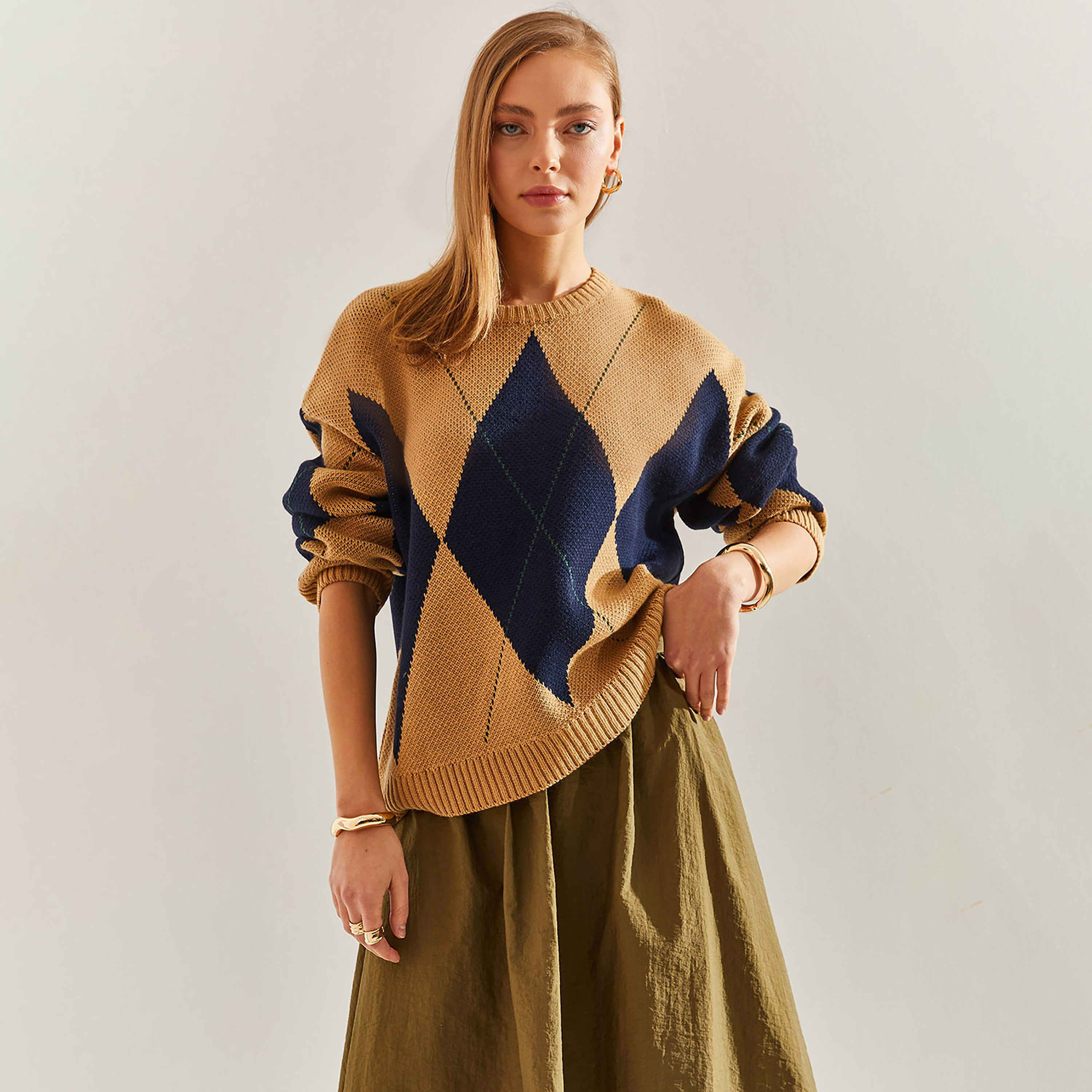 Bianco Lucci Brown Argyle Dropped Sleeves Women's Sweater-women-clothing-cardigansandjumpers-jumpers-image-1