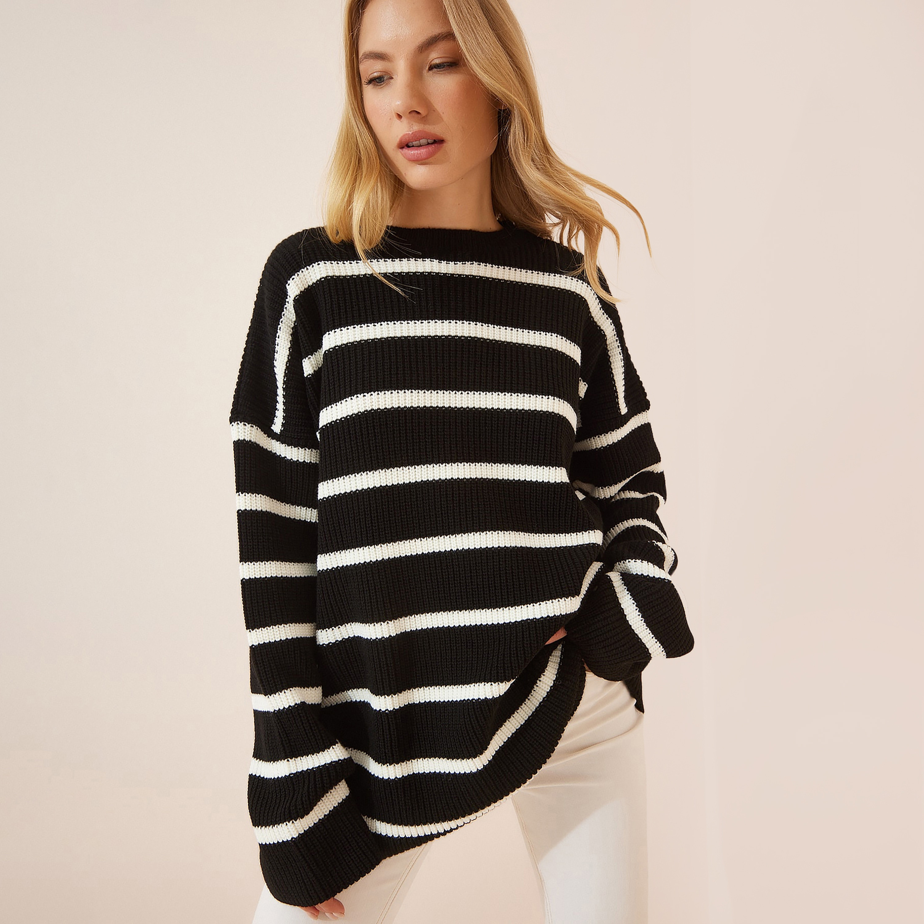 Happiness Istanbul Black Striped Dropped Sleeves Women's Sweater-women-clothing-cardigansandjumpers-jumpers-image-1