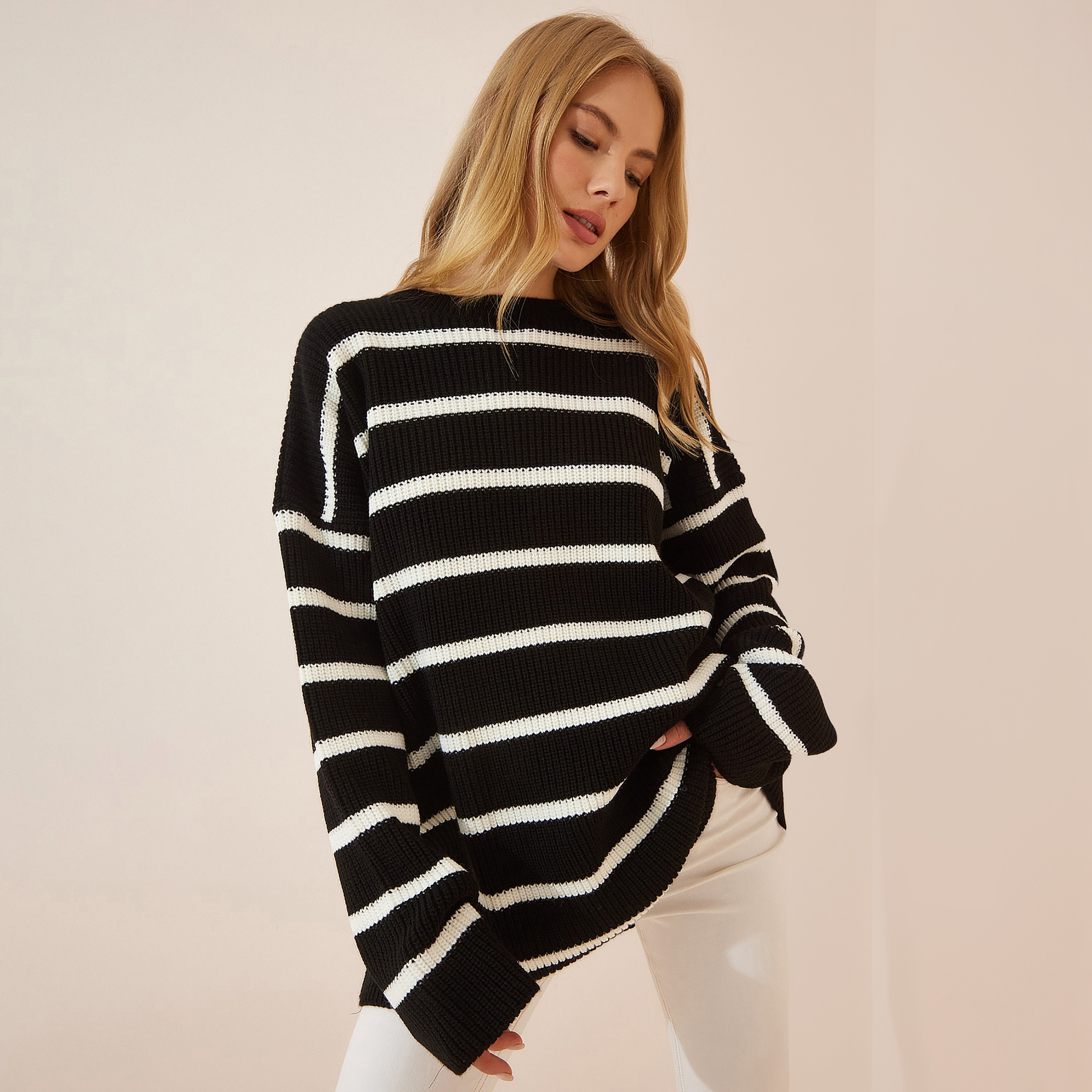 Happiness Istanbul Black Striped Dropped Sleeves Women's Sweater-women-clothing-cardigansandjumpers-jumpers-image-2