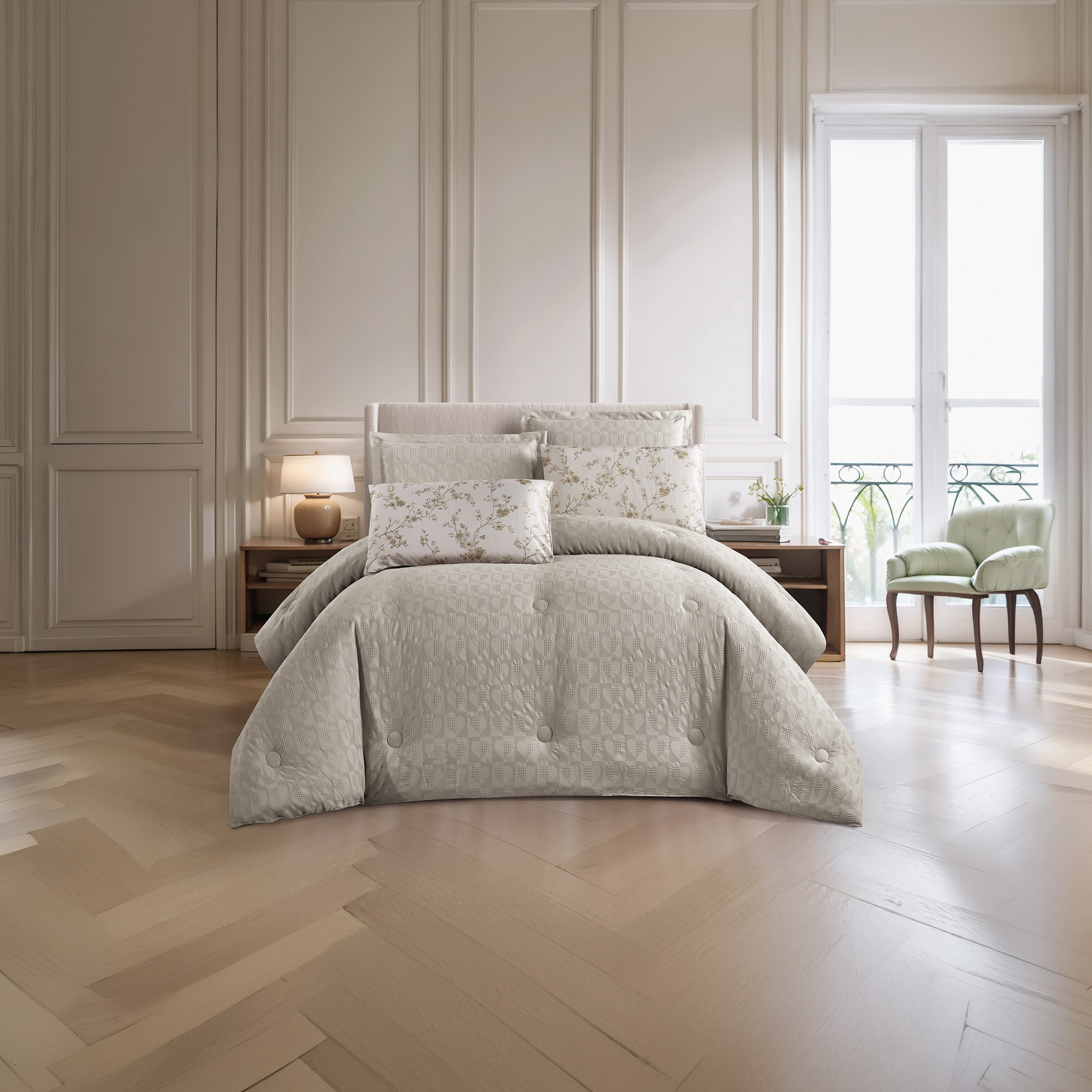 طقم لحاف فاخر من يونيك هوم، بنقشة الوافل، مكون من 6 قطع، مقاس سوبر كينج - 260×240 سم-household-bedding-comfortersandbedspreads-comforters-image-1