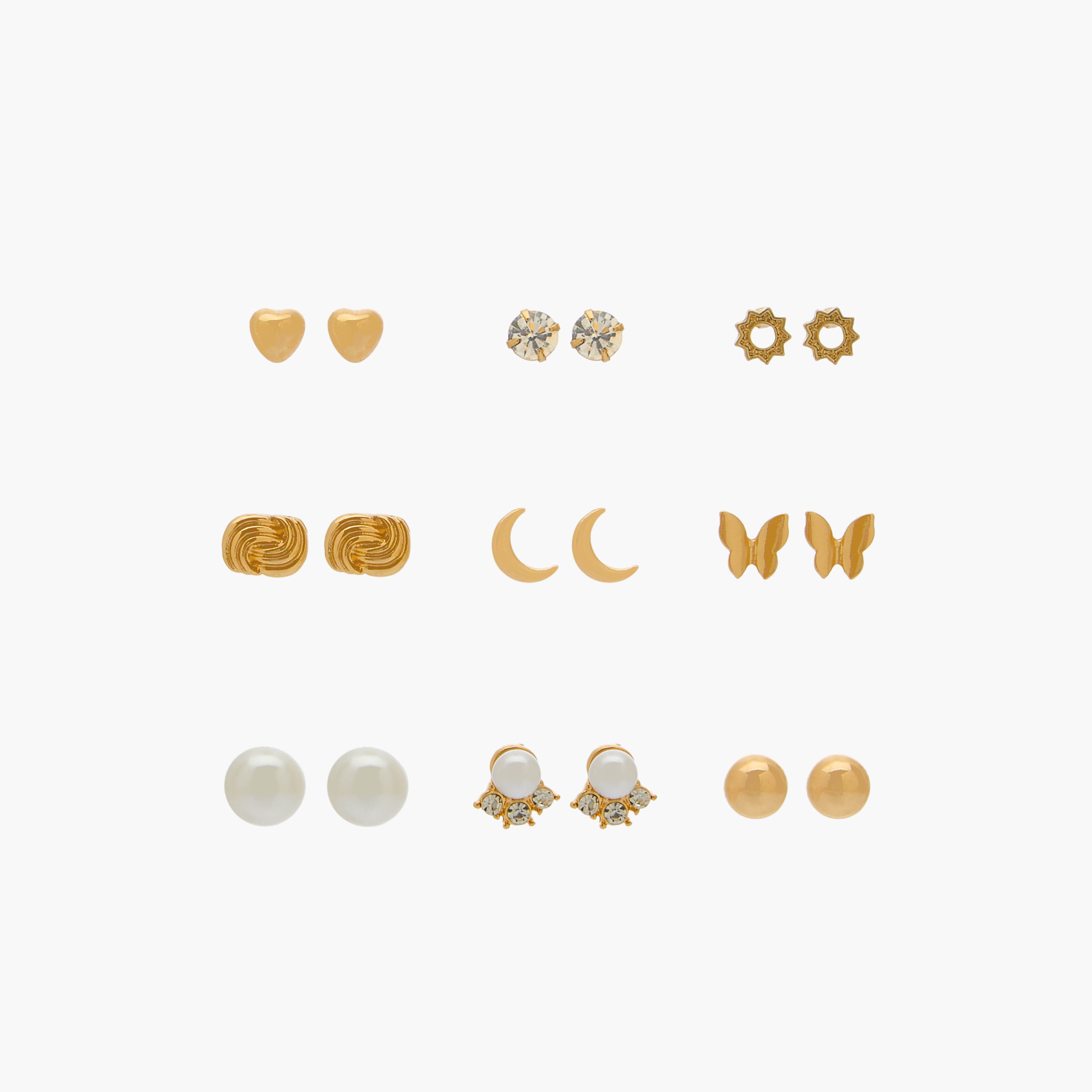 Pack of 9 Gold Tone Stud Earrings with Pushback Closure-women-watchesandjewellery-jewellery-earrings-image-1