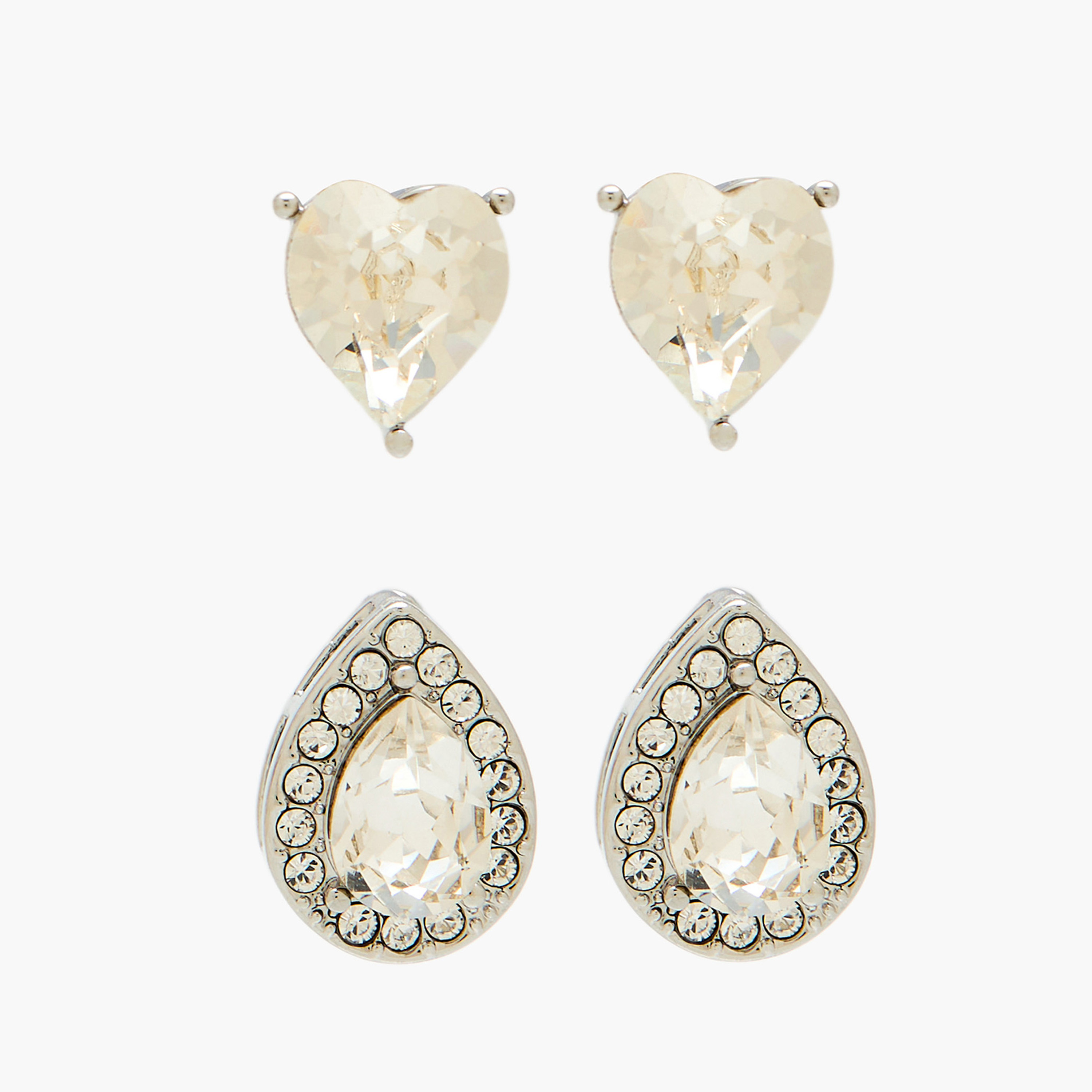 Pack of 2 Silver Tone Swarovski Stone Embellished Earrings with Pushback Closure-women-watchesandjewellery-jewellery-earrings-image-1