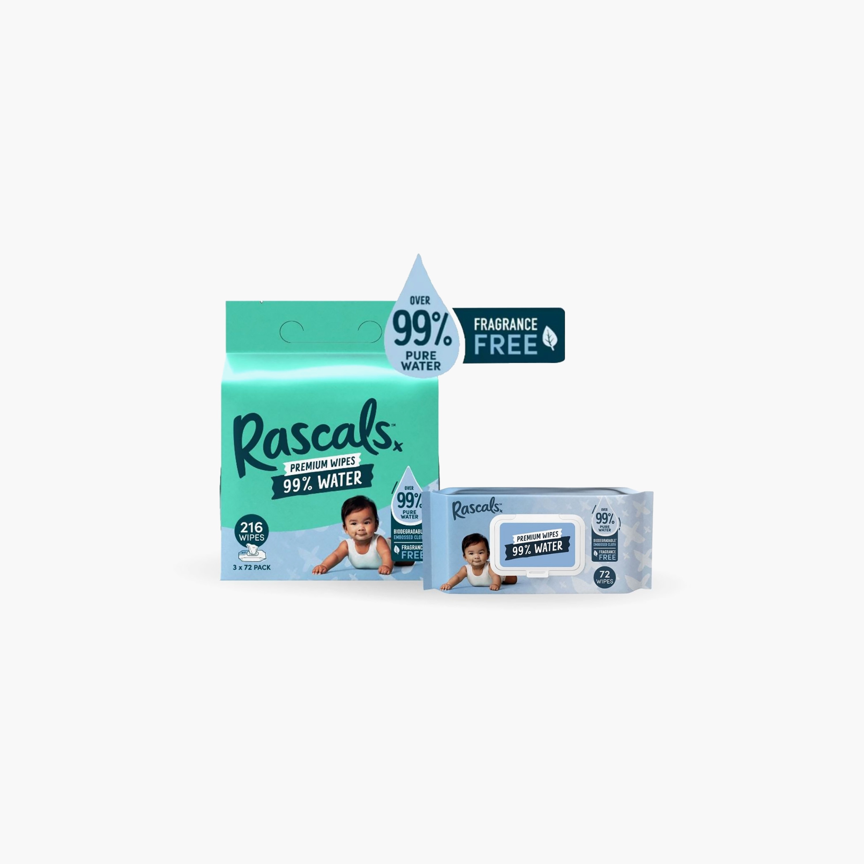 Rascal + Friends Premium Water Wipes - Pack of 3 x 72 Wipes-baby-diapering-babywipes-image-1