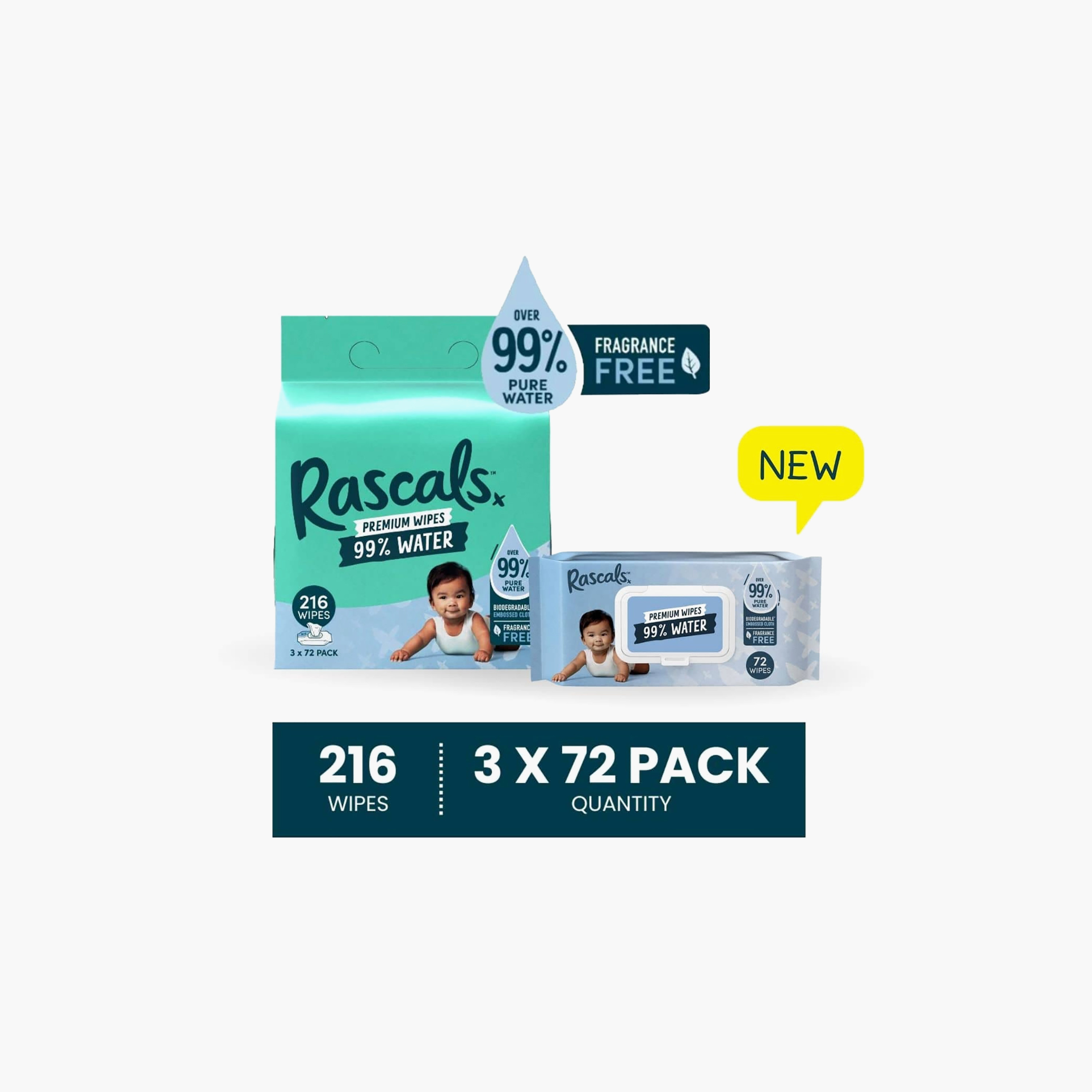 Rascal + Friends Premium Water Wipes - Pack of 3 x 72 Wipes-baby-diapering-babywipes-image-2