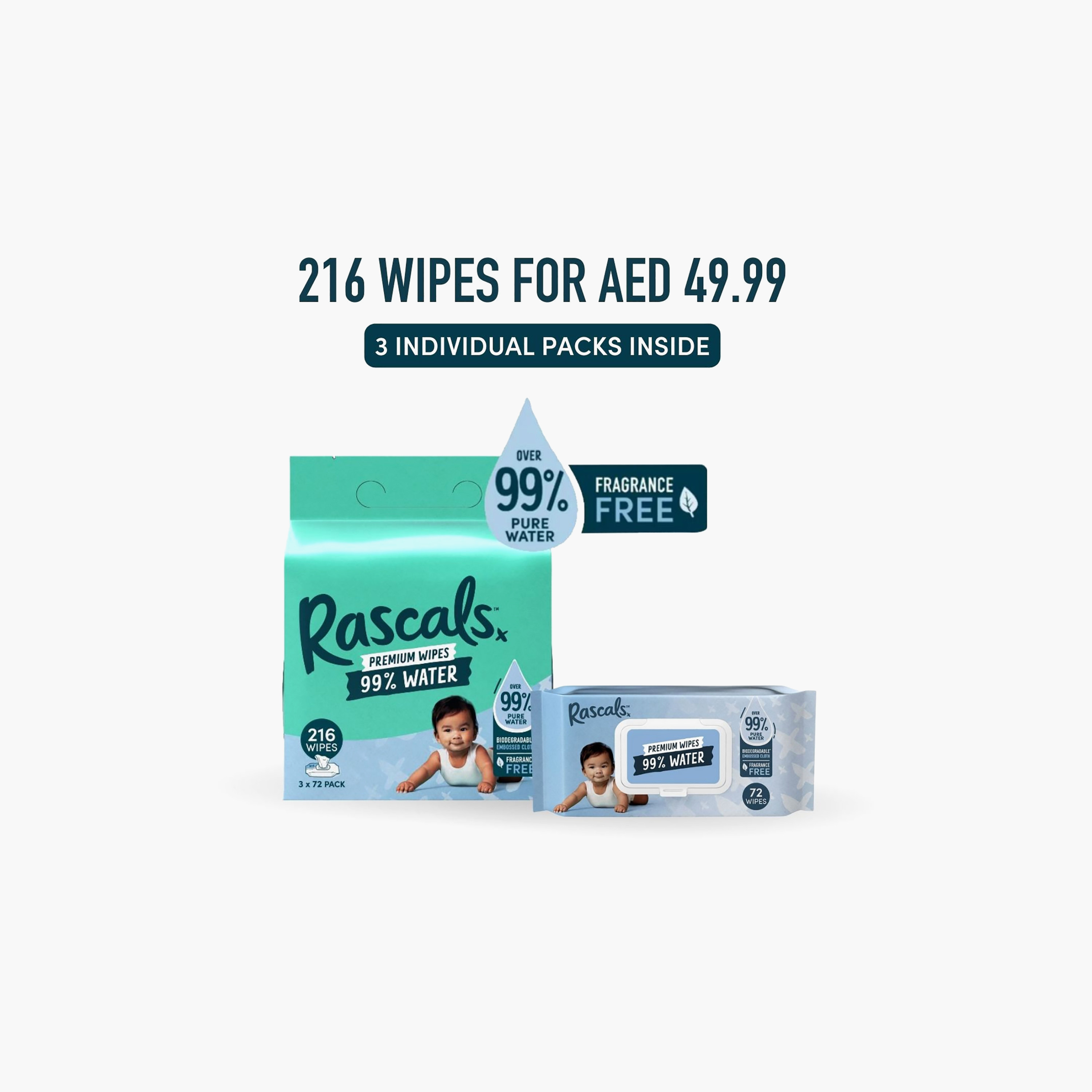 Rascal + Friends Premium Water Wipes - Pack of 3 x 72 Wipes-baby-diapering-babywipes-image-3
