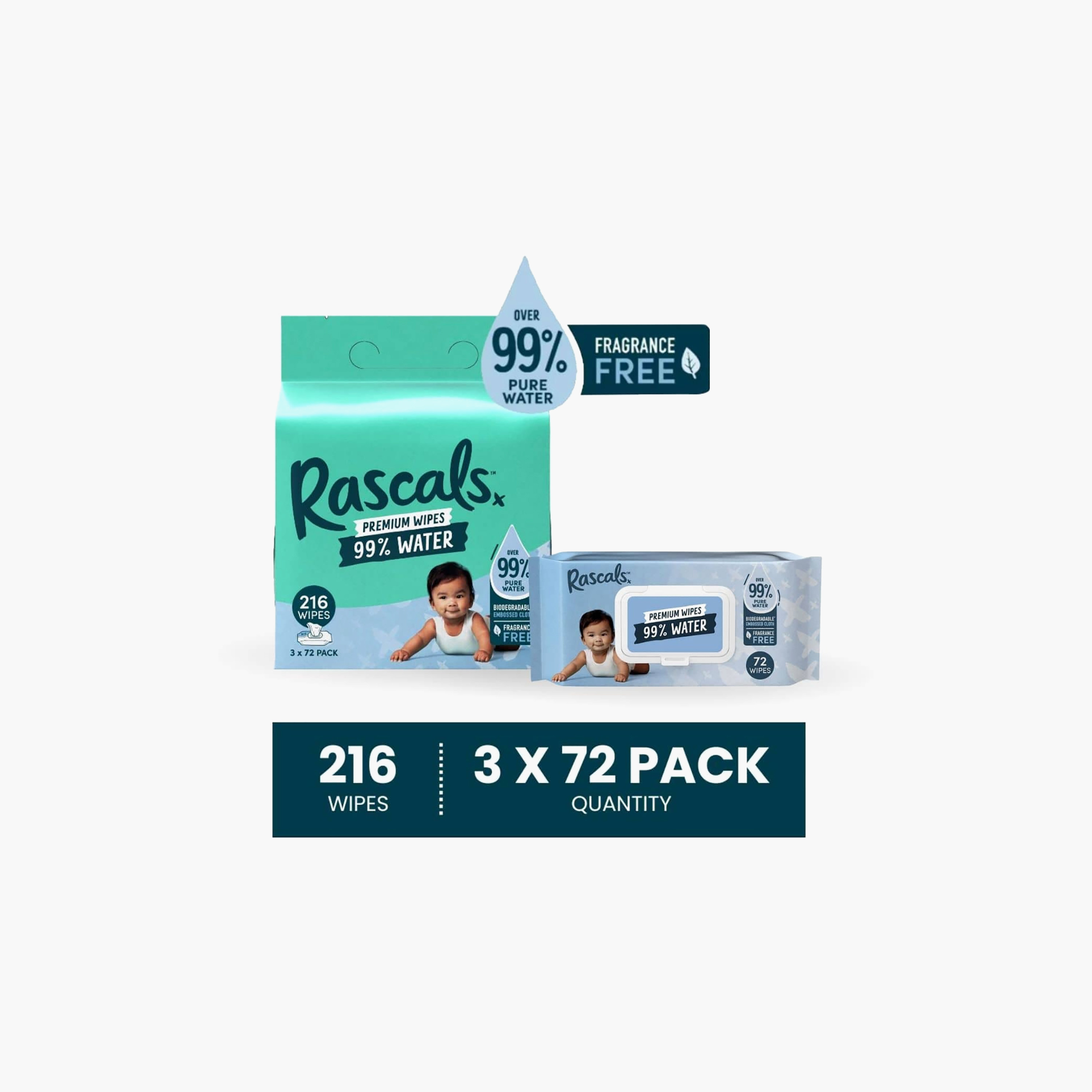 Rascal + Friends Premium Water Wipes - Pack of 3 x 72 Wipes-baby-diapering-babywipes-image-8