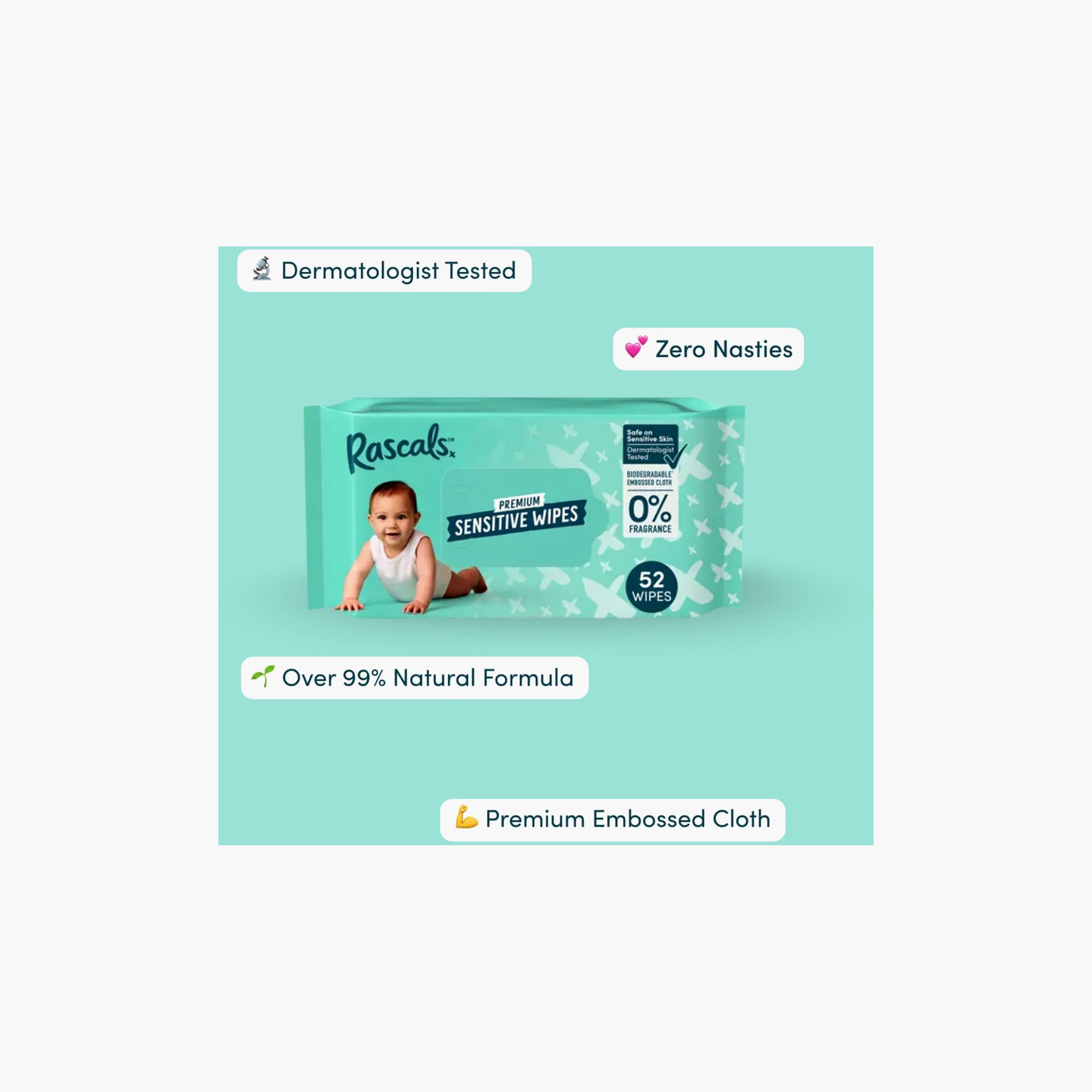 مناديل مبللة بريميوم للأطفال للبشرة الحساسة من راسكالس - عبوة من 12 × 52 منديل-baby-diapering-babywipes-image-15