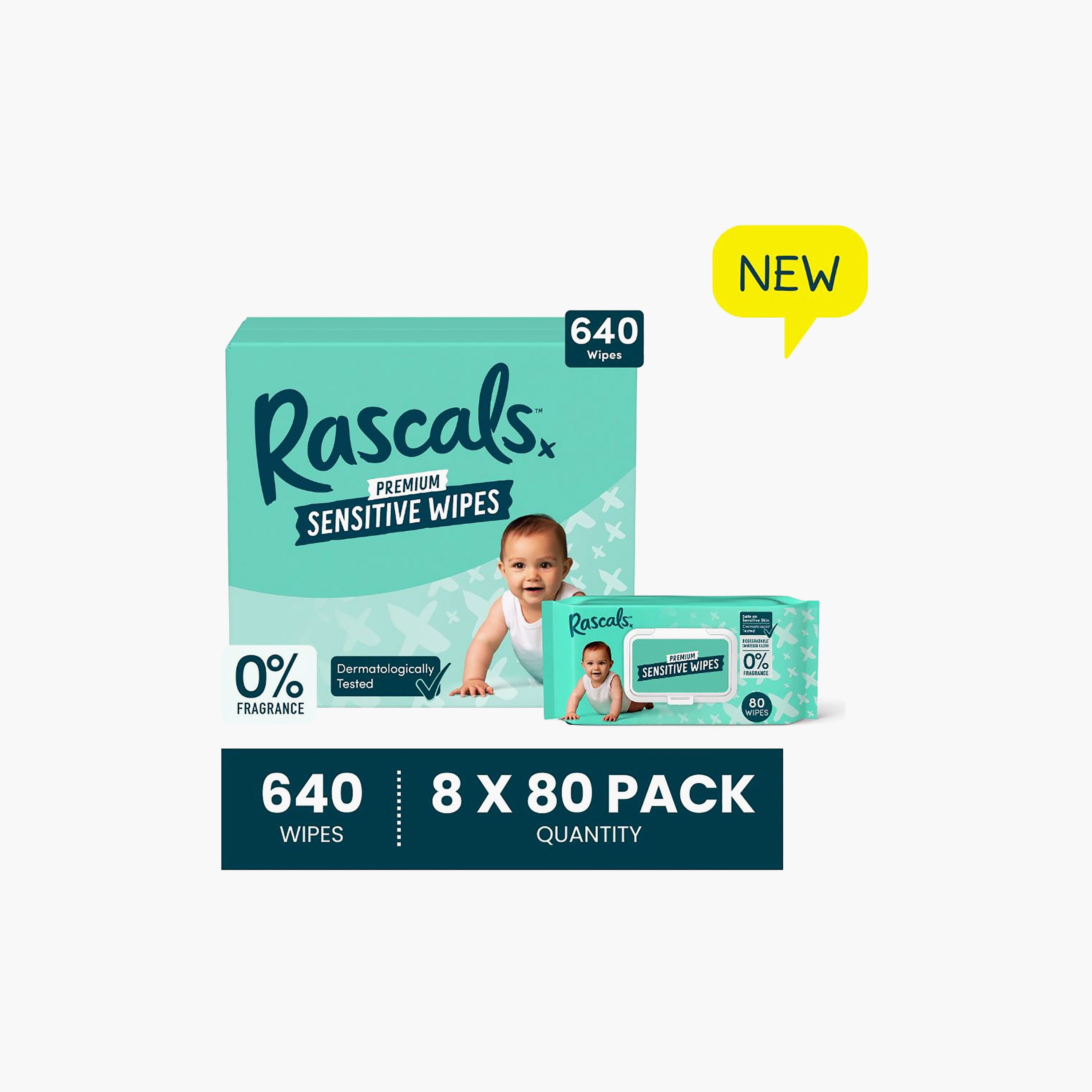 Rascal + Friends Premium Baby Sensitive Wipes - Pack of 8 x 80 Wipes-baby-diapering-babywipes-image-2