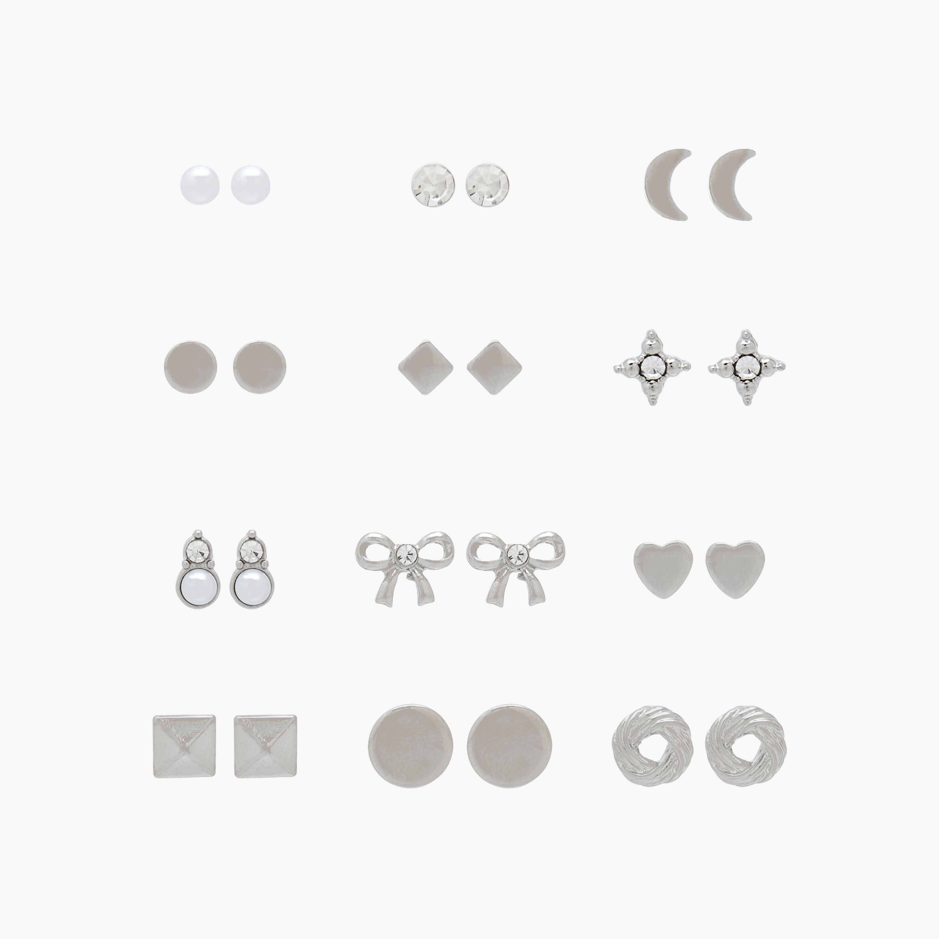 Pack of 12 Silver Tone Stud Earrings with Pushback Closure-women-watchesandjewellery-jewellery-earrings-image-1