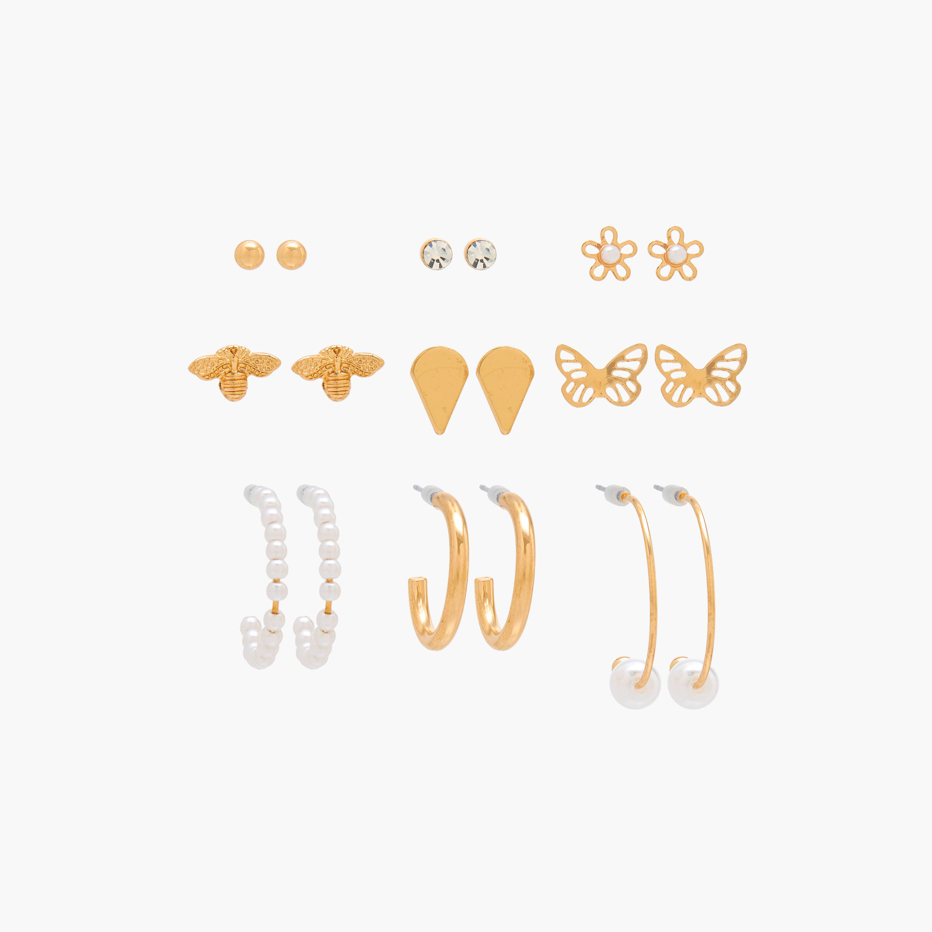 Set of 9 - Gold Tone Assorted Earrings with Pushback Closure-women-watchesandjewellery-jewellery-earrings-image-1