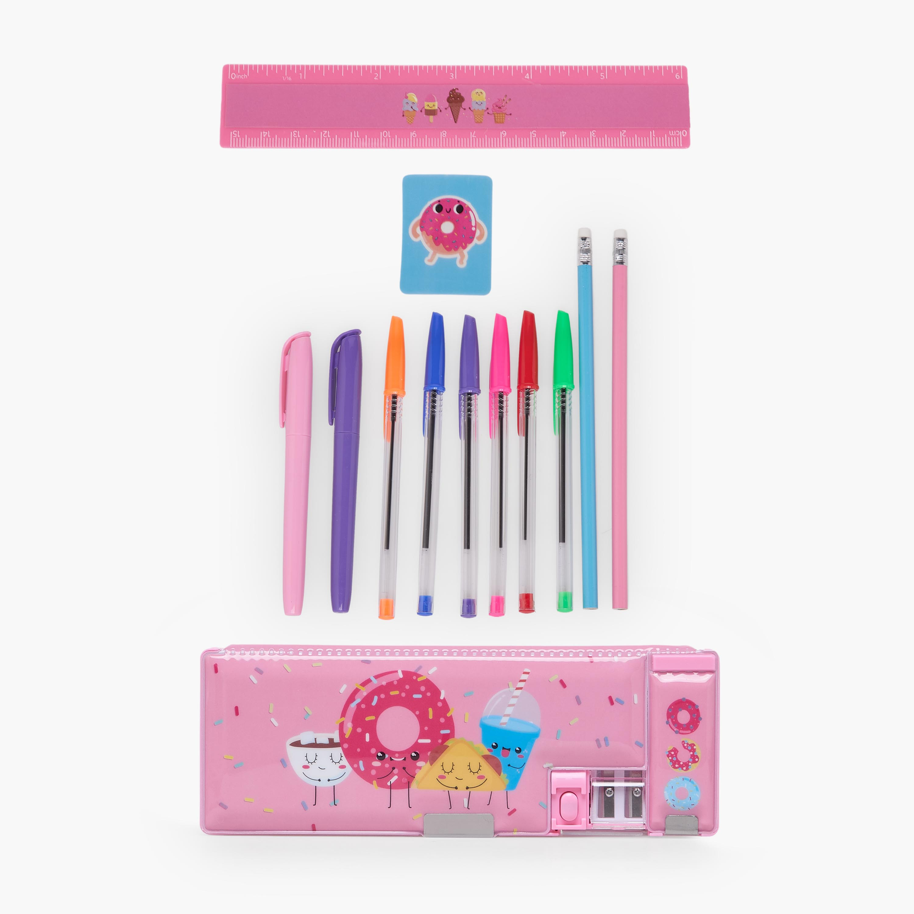 طقم قرطاسية بطبعات دونات مع مقلمة وأقلام ومسطرة من فايندز - 14 قطعة-school-stationery-sets-image-1