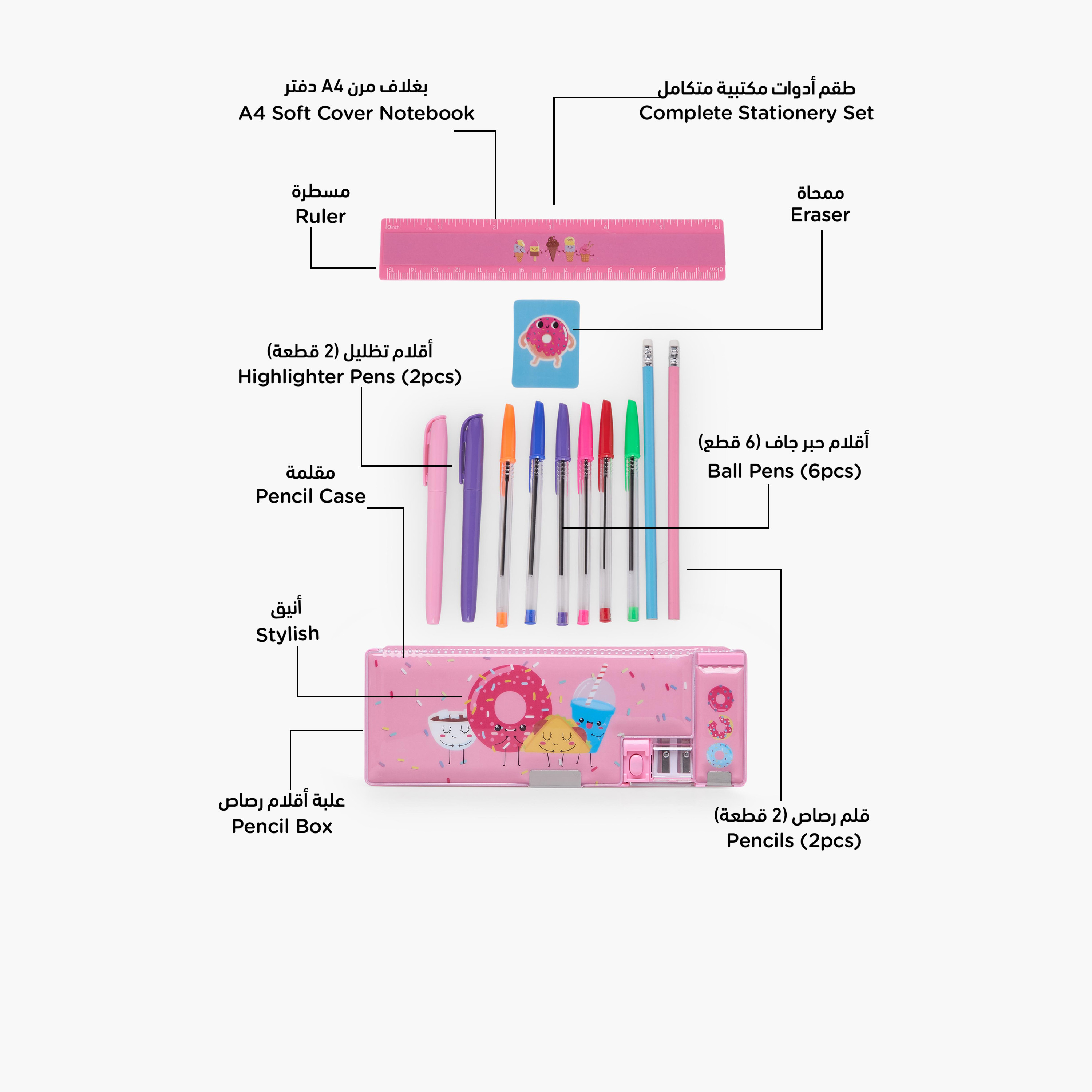 طقم قرطاسية بطبعات دونات مع مقلمة وأقلام ومسطرة من فايندز - 14 قطعة-school-stationery-sets-image-2