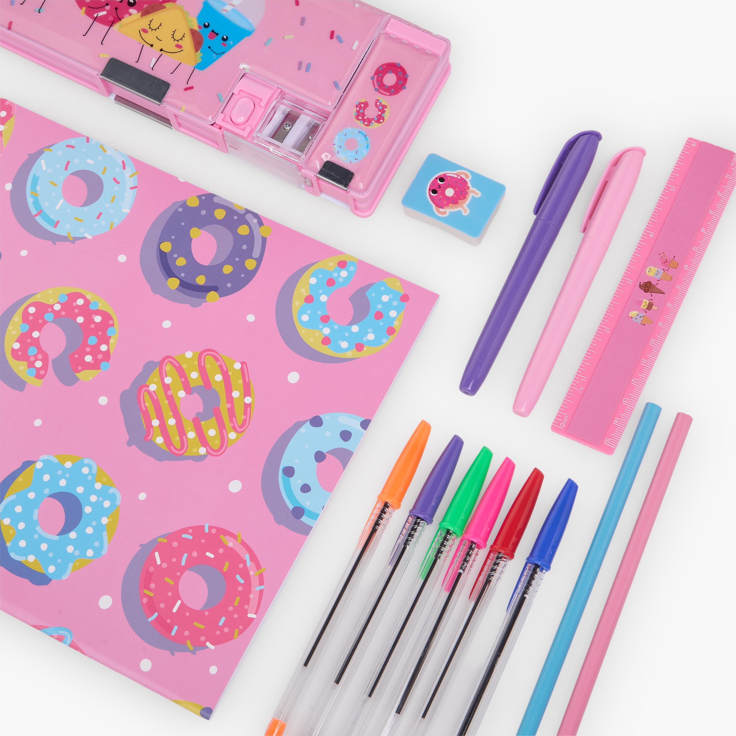 طقم قرطاسية بطبعات دونات مع مقلمة وأقلام ومسطرة من فايندز - 14 قطعة-school-stationery-sets-image-9