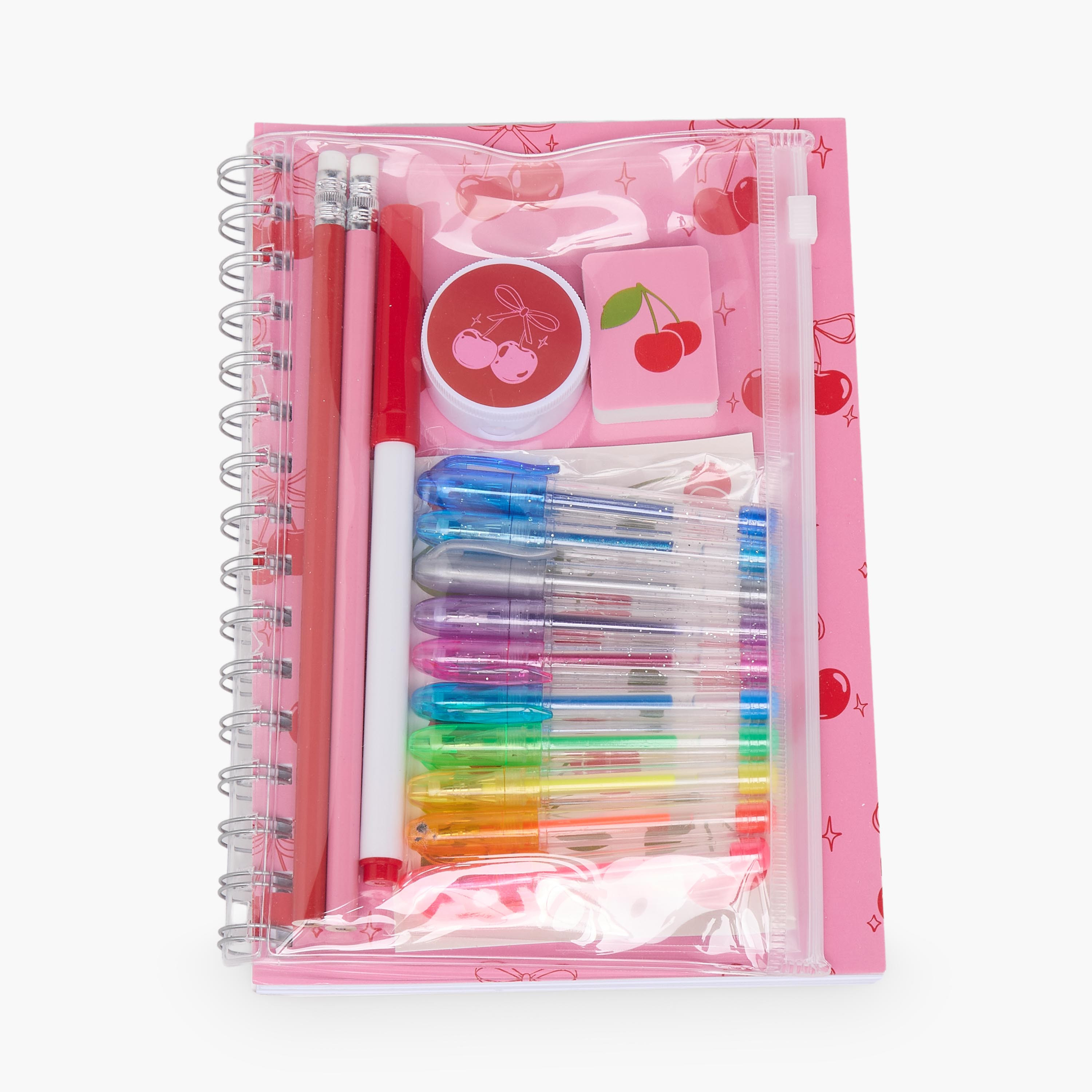طقم قرطاسية بطبعات كرز مع دفتر وأقلام وملصقات وممحاة من فايندز - 14 قطعة-school-stationery-sets-image-1