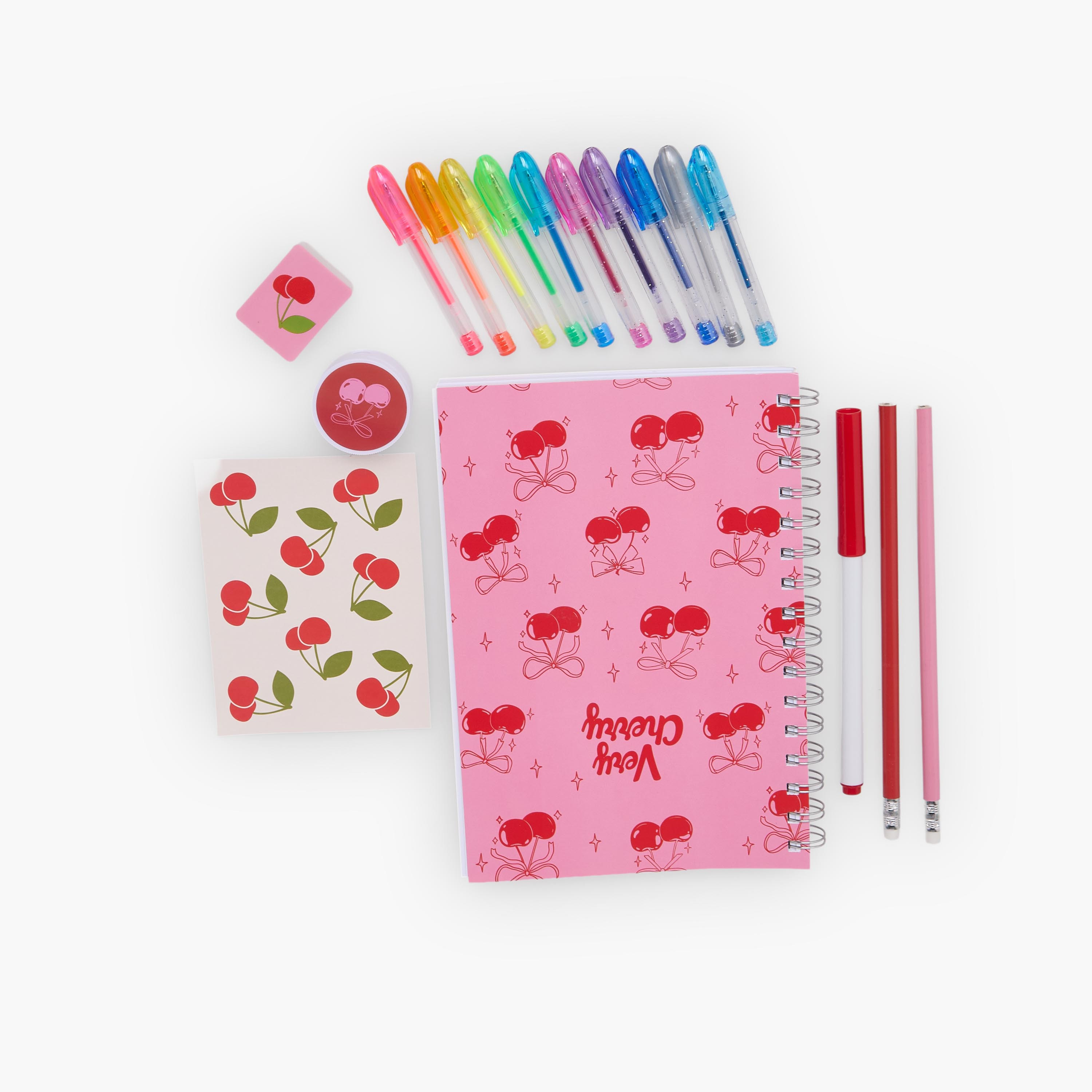 طقم قرطاسية بطبعات كرز مع دفتر وأقلام وملصقات وممحاة من فايندز - 14 قطعة-school-stationery-sets-image-3