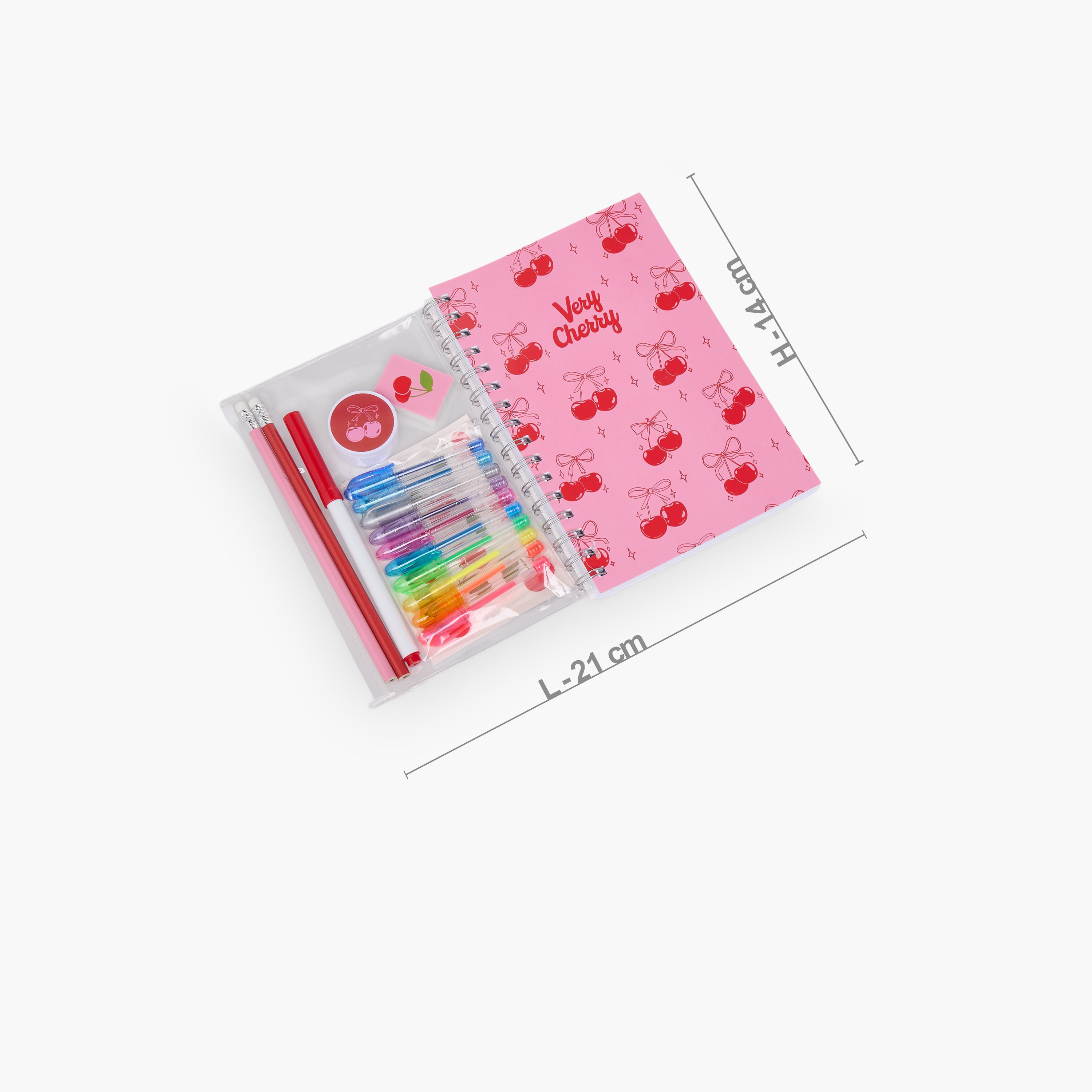 طقم قرطاسية بطبعات كرز مع دفتر وأقلام وملصقات وممحاة من فايندز - 14 قطعة-school-stationery-sets-image-4