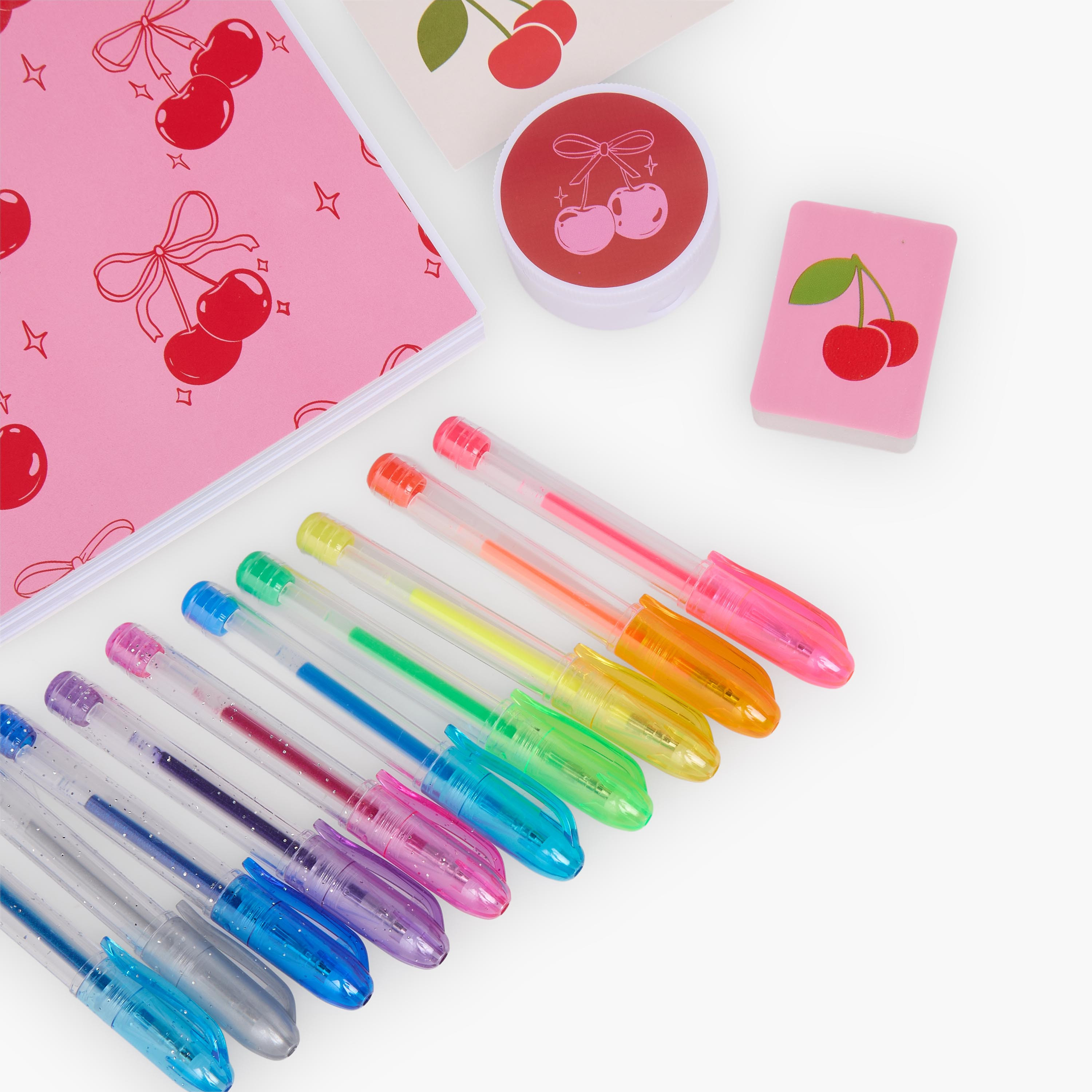 طقم قرطاسية بطبعات كرز مع دفتر وأقلام وملصقات وممحاة من فايندز - 14 قطعة-school-stationery-sets-image-6