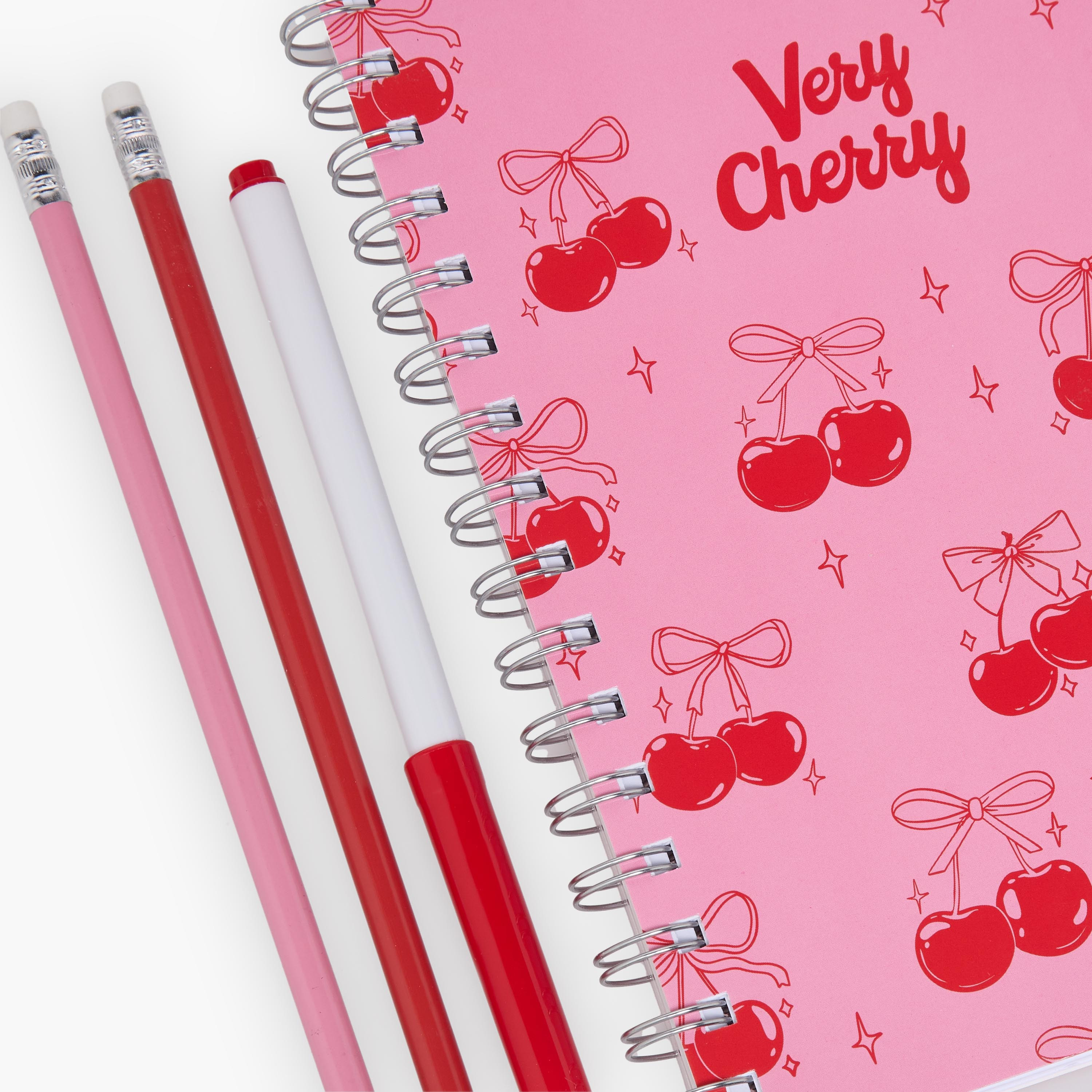 طقم قرطاسية بطبعات كرز مع دفتر وأقلام وملصقات وممحاة من فايندز - 14 قطعة-school-stationery-sets-image-7