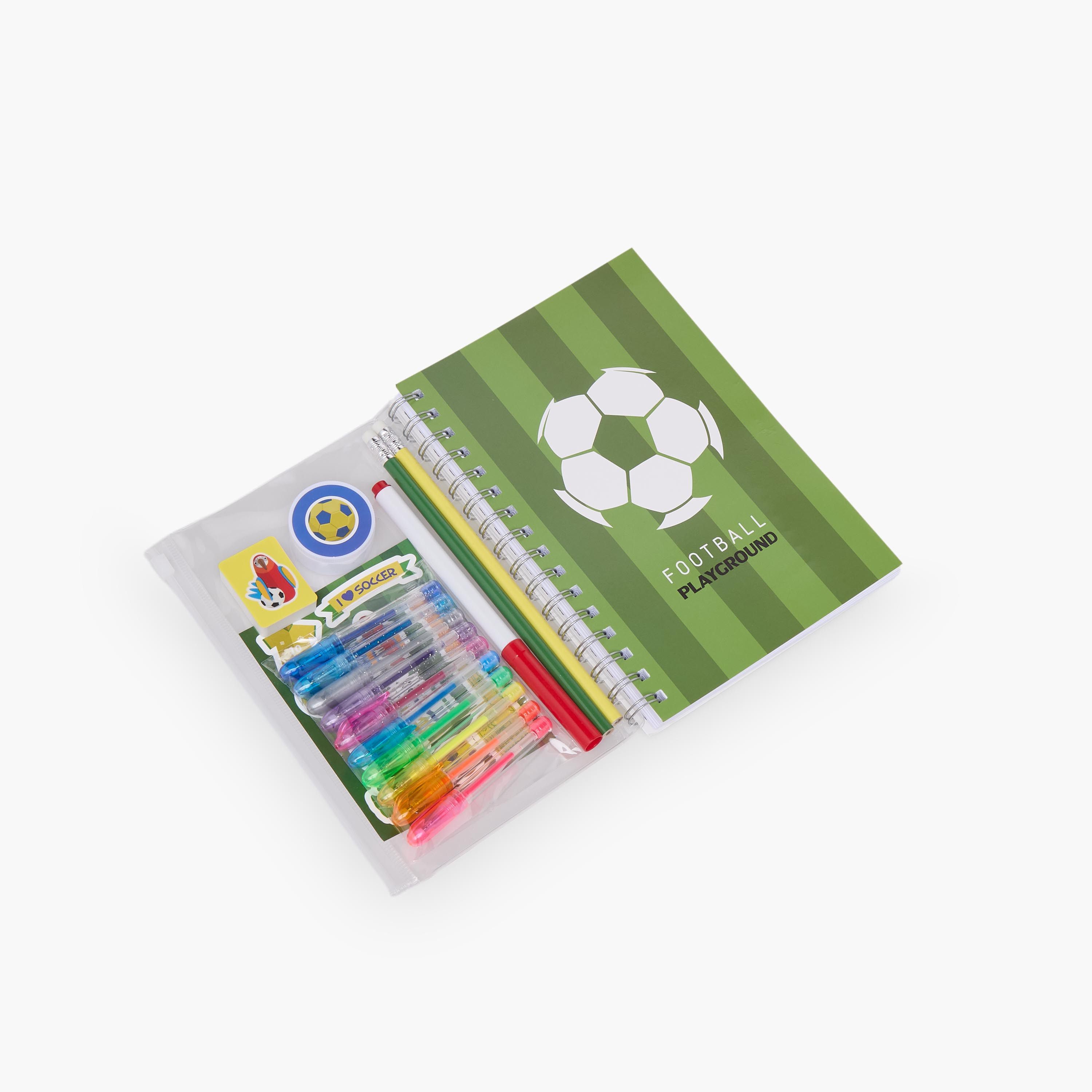 طقم قرطاسية بطبعات كرة قدم مع دفتر وأقلام وملصقات وممحاة من فايندز - 17 قطعة-school-stationery-sets-image-1