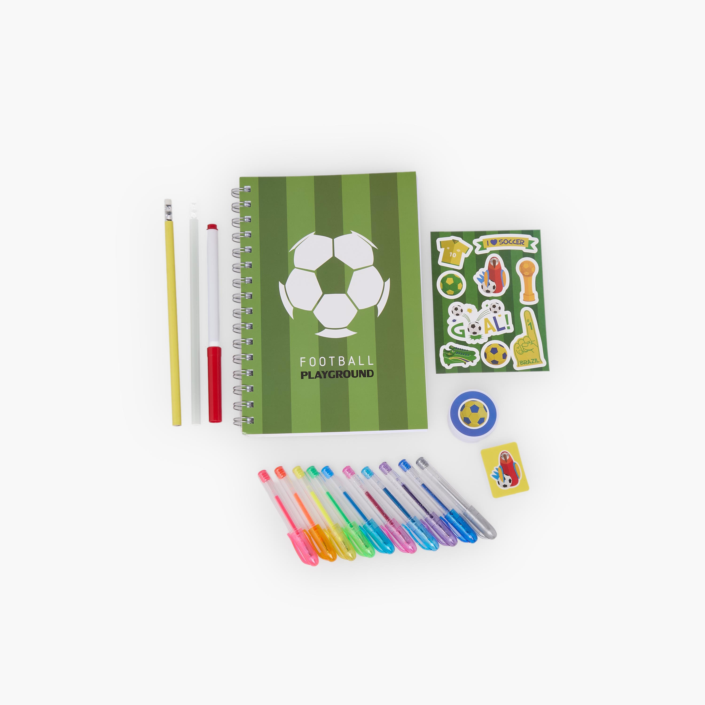 طقم قرطاسية بطبعات كرة قدم مع دفتر وأقلام وملصقات وممحاة من فايندز - 17 قطعة-school-stationery-sets-image-3