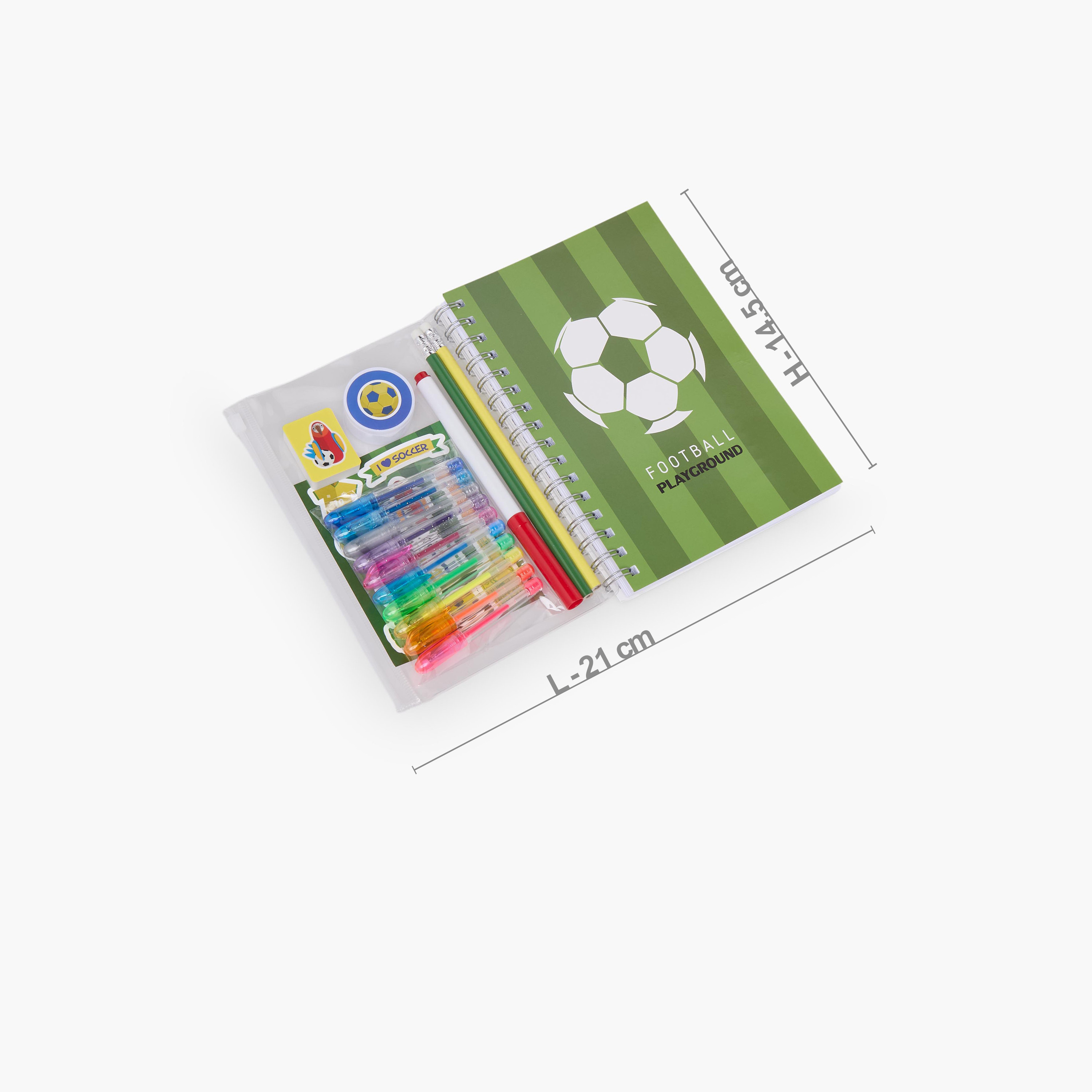 طقم قرطاسية بطبعات كرة قدم مع دفتر وأقلام وملصقات وممحاة من فايندز - 17 قطعة-school-stationery-sets-image-4