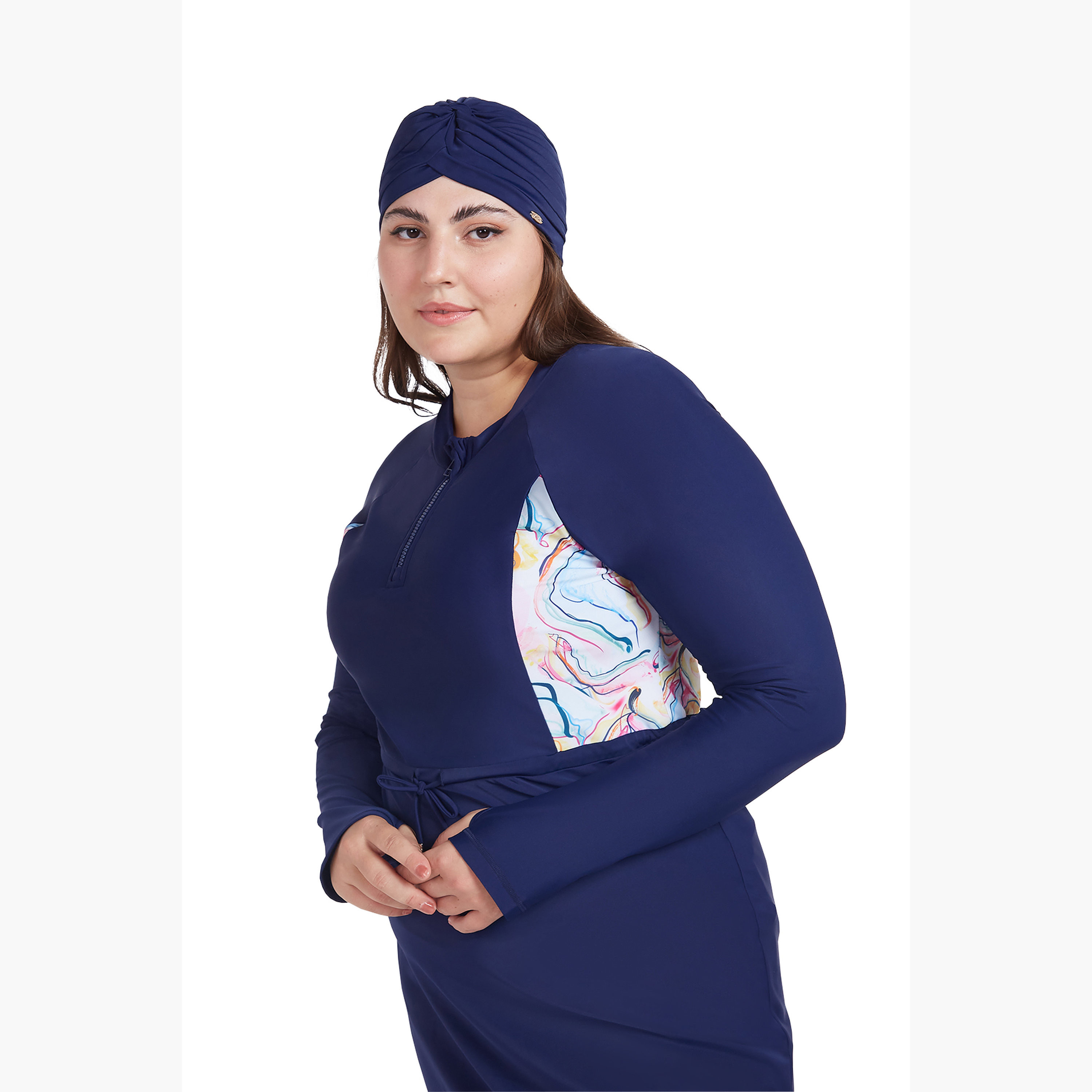 كويغا - توربان سباحة نسائية - أزرق سادة ووردي رخامي-sports-women-clothing-swimwear-image-3