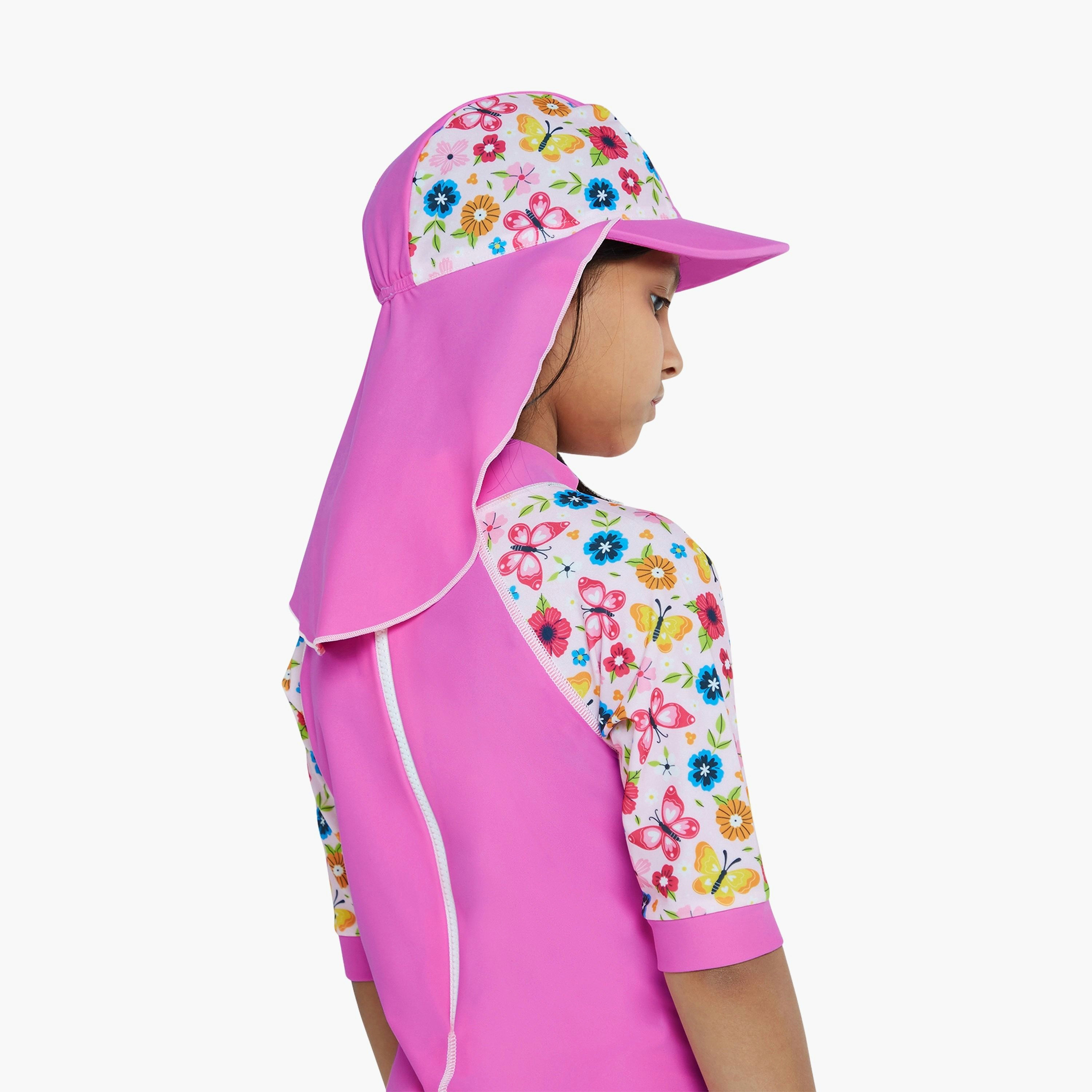 Coega Girls Flap Cap - AOP & Solid Mix Pink Rosey Flowers-girls-clothing-swimwear-image-1