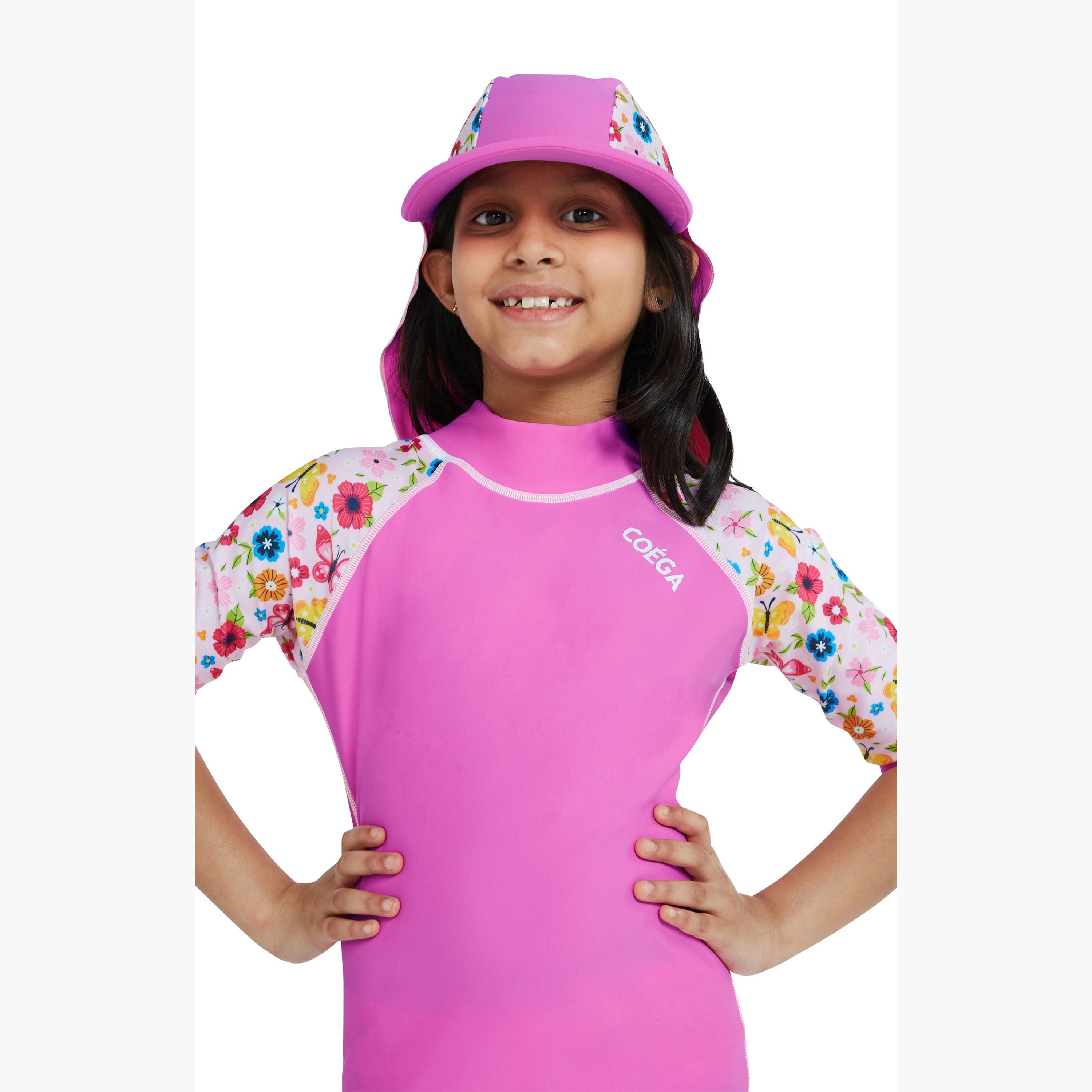 Coega Girls Flap Cap - AOP & Solid Mix Pink Rosey Flowers-girls-clothing-swimwear-image-3