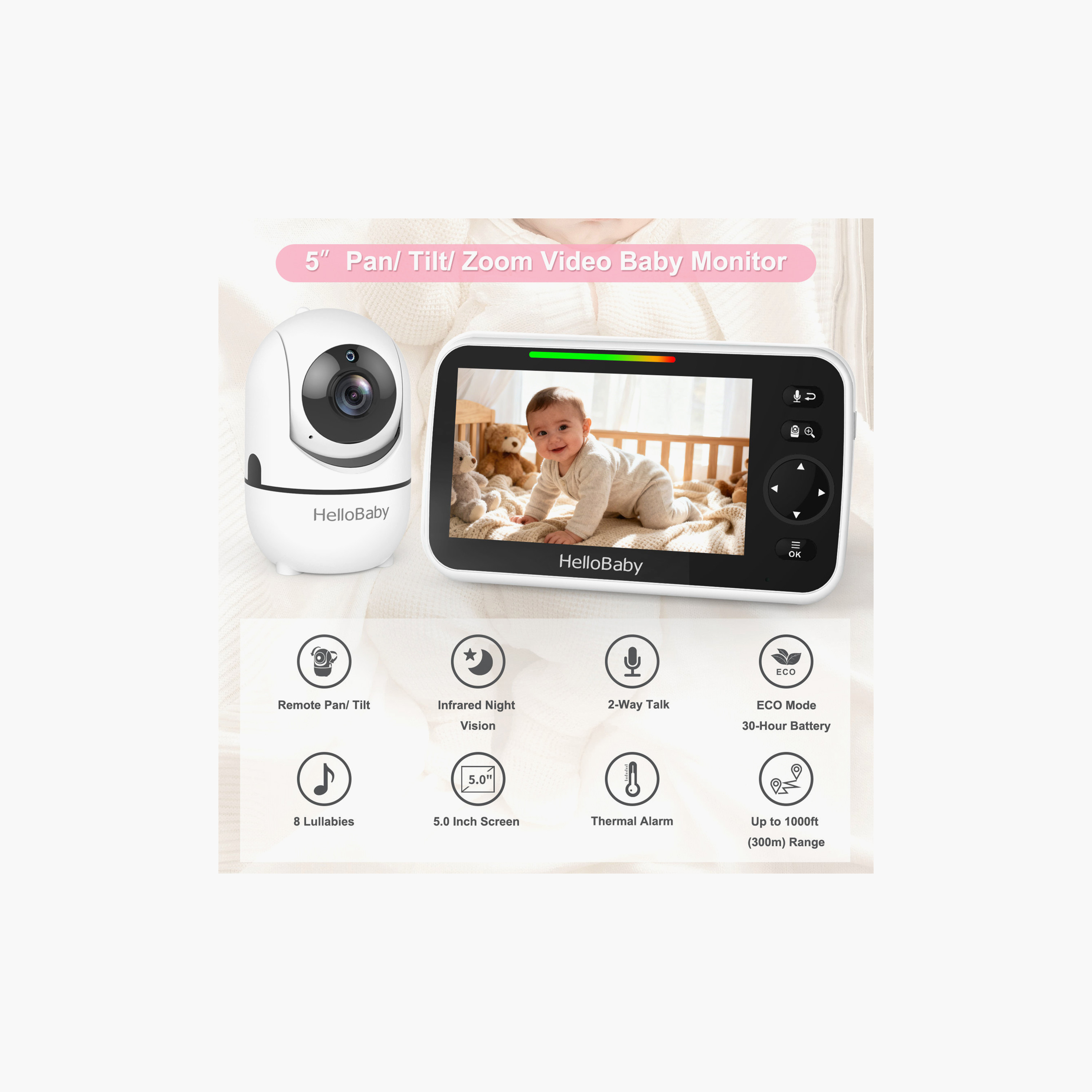 Hellobaby 5-Inch LCD Night Vision Monitor with Remote Pan & Tilt & Zoom - 1000 ft-baby-healthandsafety-babymonitors-image-5