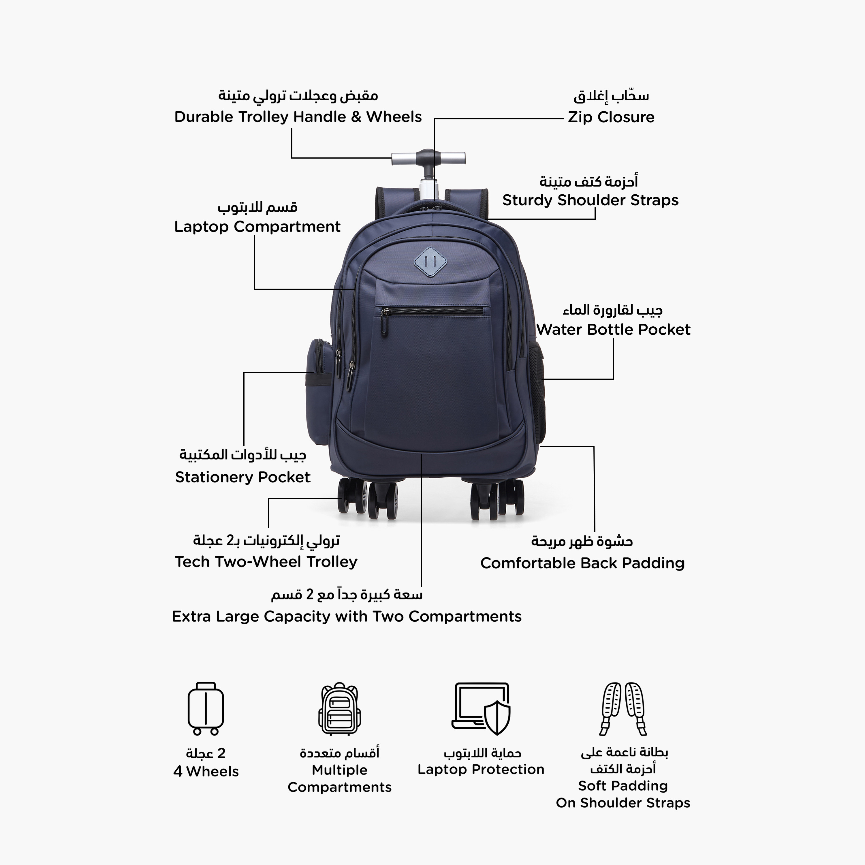 شنطة ظهر ترولي سادة بمقبض قابل للسحب للأولاد بعمر 2-5 سنوات - 18.5 بوصة-school-bagsandbackpacks-trolleybags-image-2