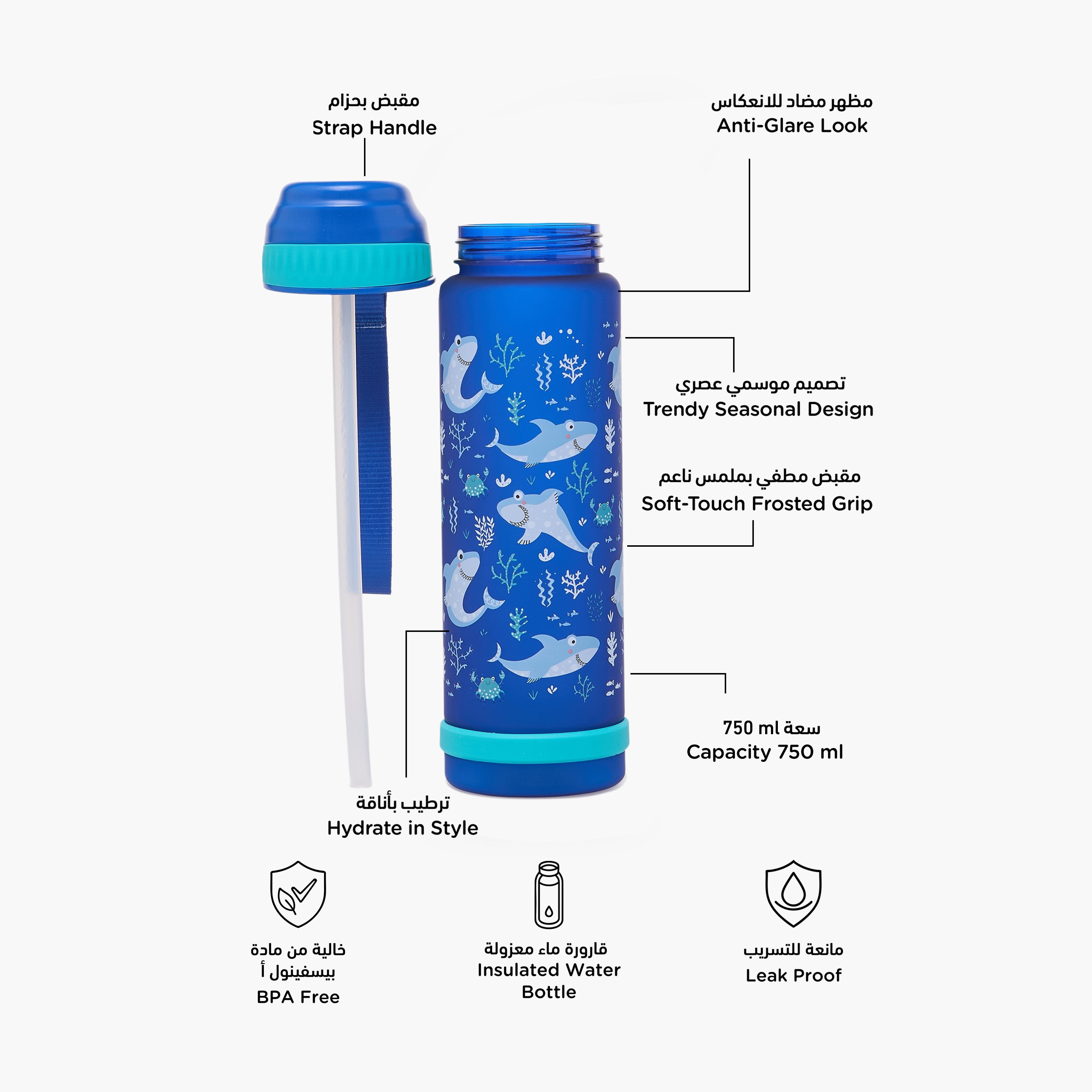 Shark Print Water Bottle with Flip Spout and Strap Handle - 750 ml-school-waterbottles-image-2