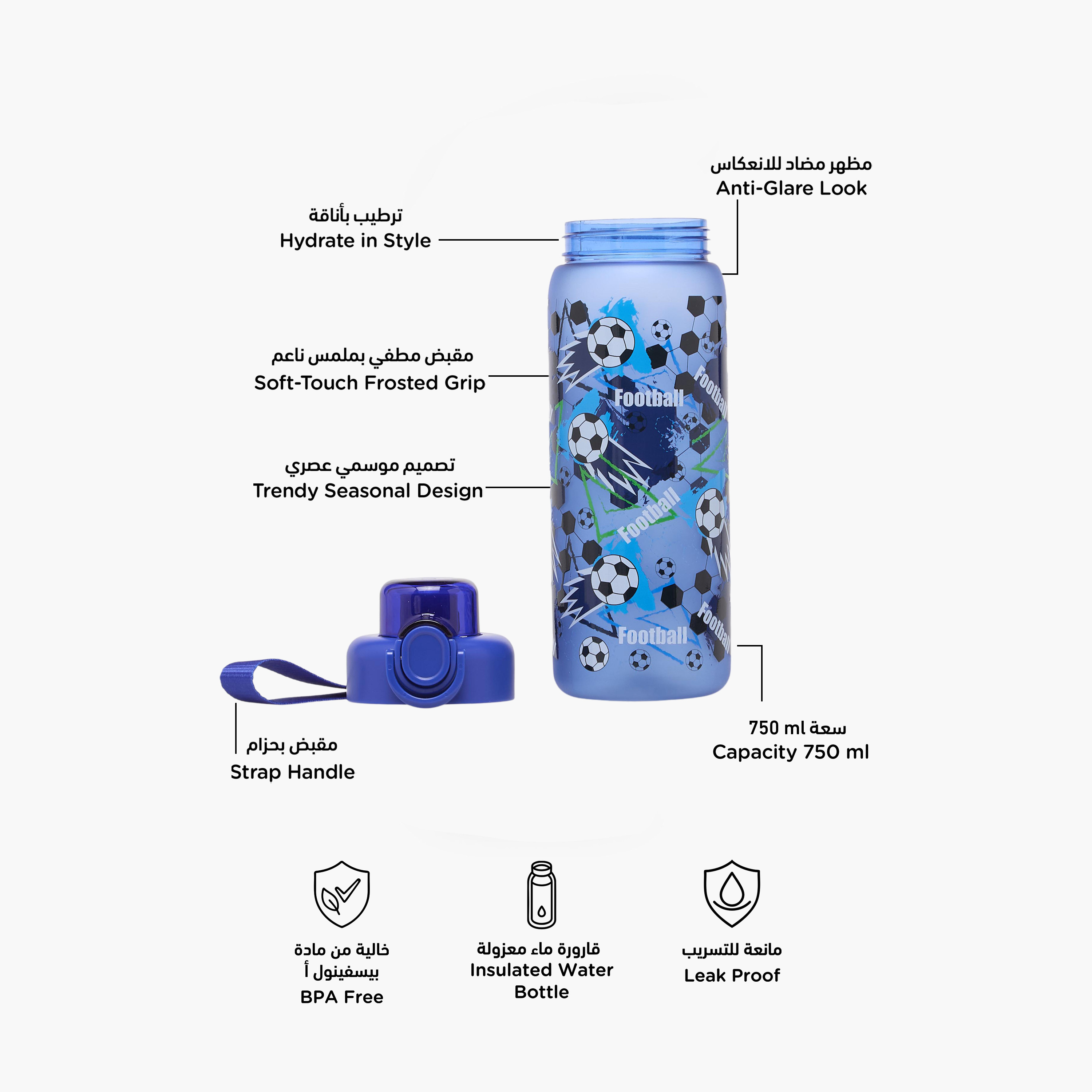 Football Print Water Bottle with Spout and Wristlet Strap - 750 ml-school-waterbottles-image-2