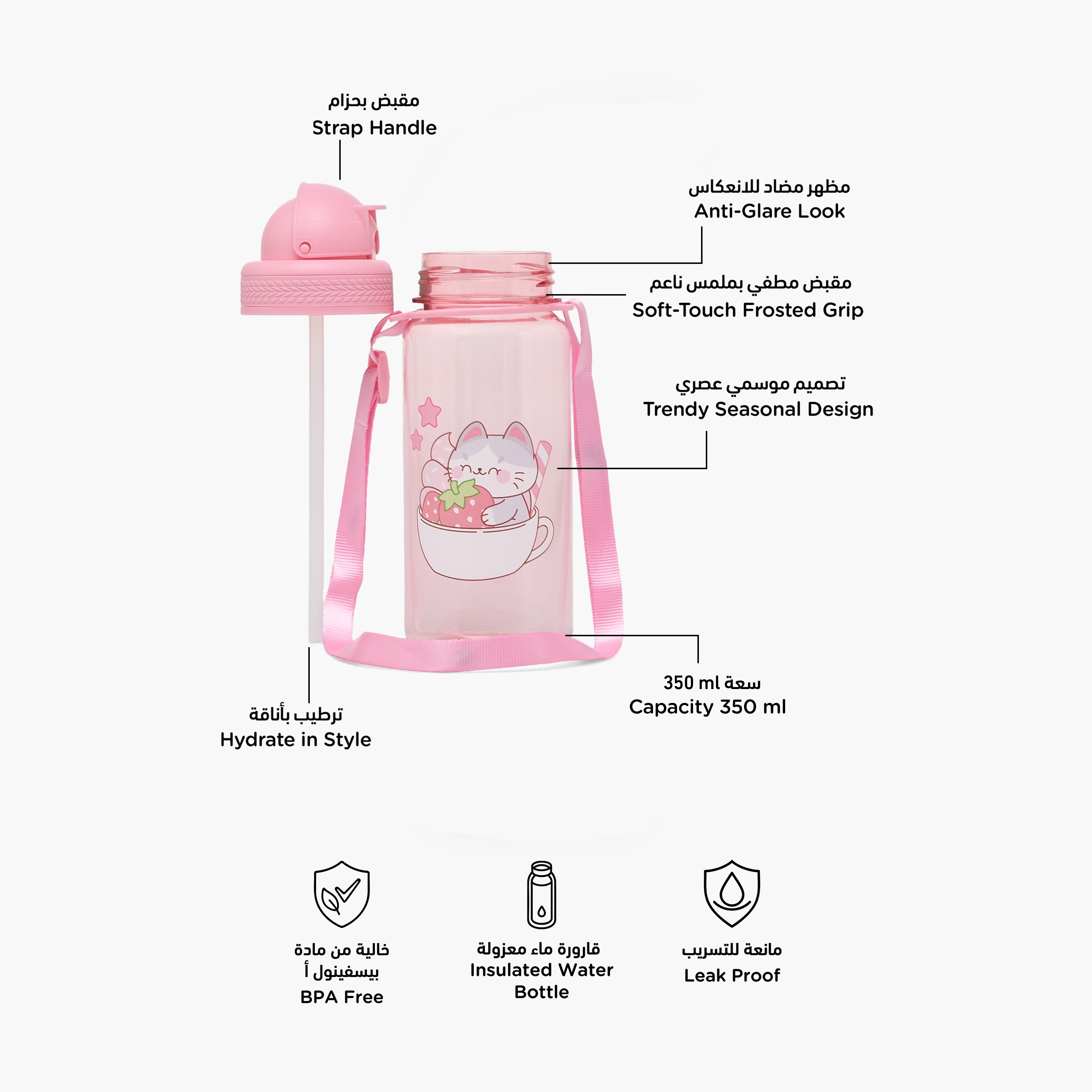Cat Print Water Bottle with Flip Lid - 350 ml-school-waterbottles-image-2
