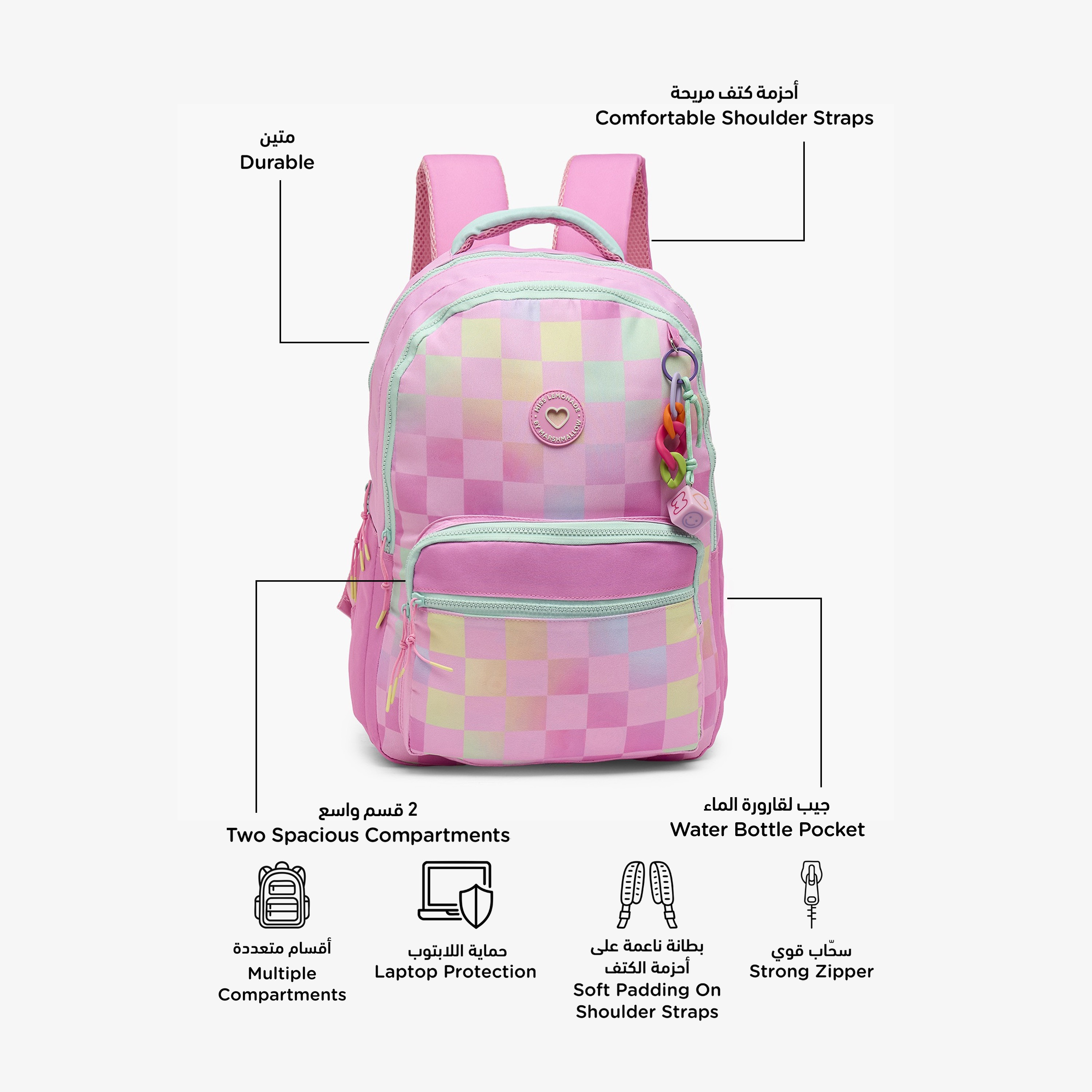 MARSHMALLOW Checked Backpack for Girls 8-13 Years with Padded Shoulder Straps - 17 inches-school-bagsandbackpacks-backpacks-image-2