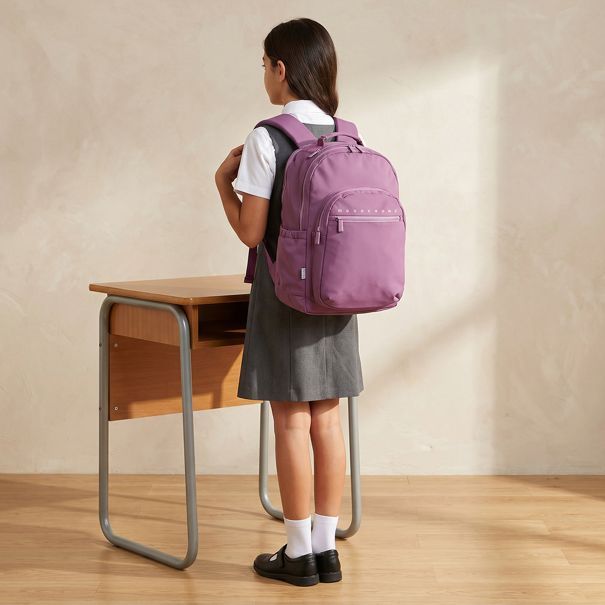 شنطة ظهر سادة مونوكروم للبنات 8-13 سنة بأحزمة كتف قابلة للتعديل - 18 بوصة-school-bagsandbackpacks-backpacks-image-3