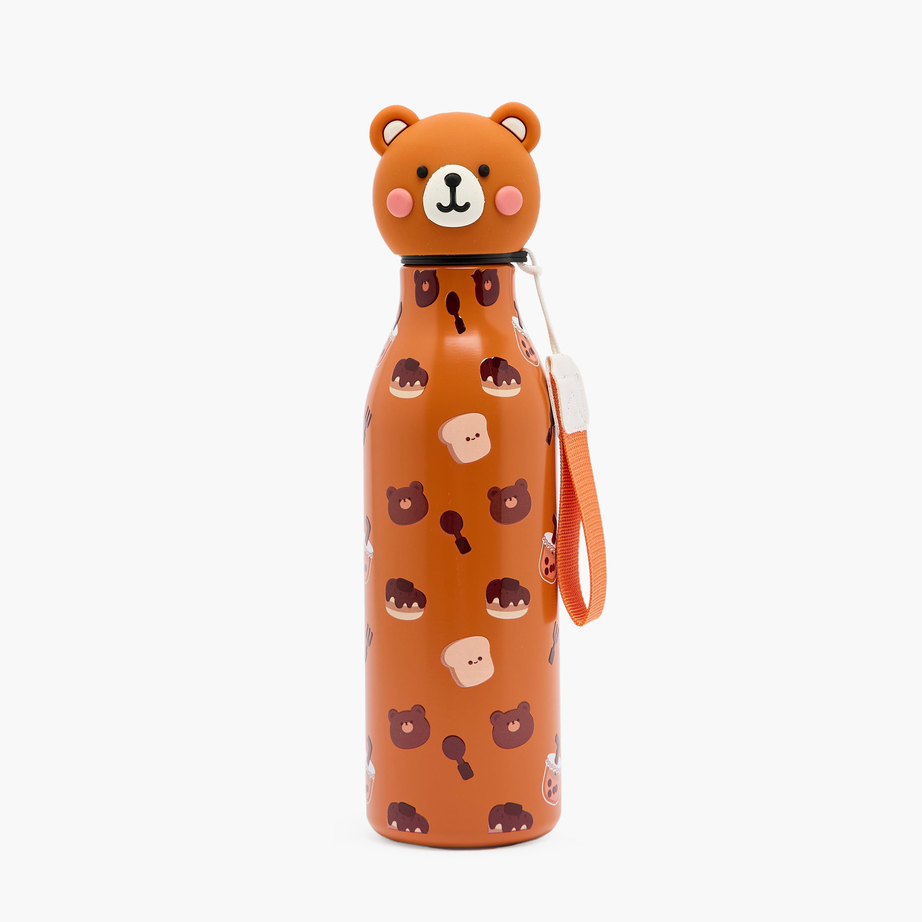 Bear Print Stainless Steel Water Bottle with Wristlet Strap - 550 ml-school-waterbottles-image-1