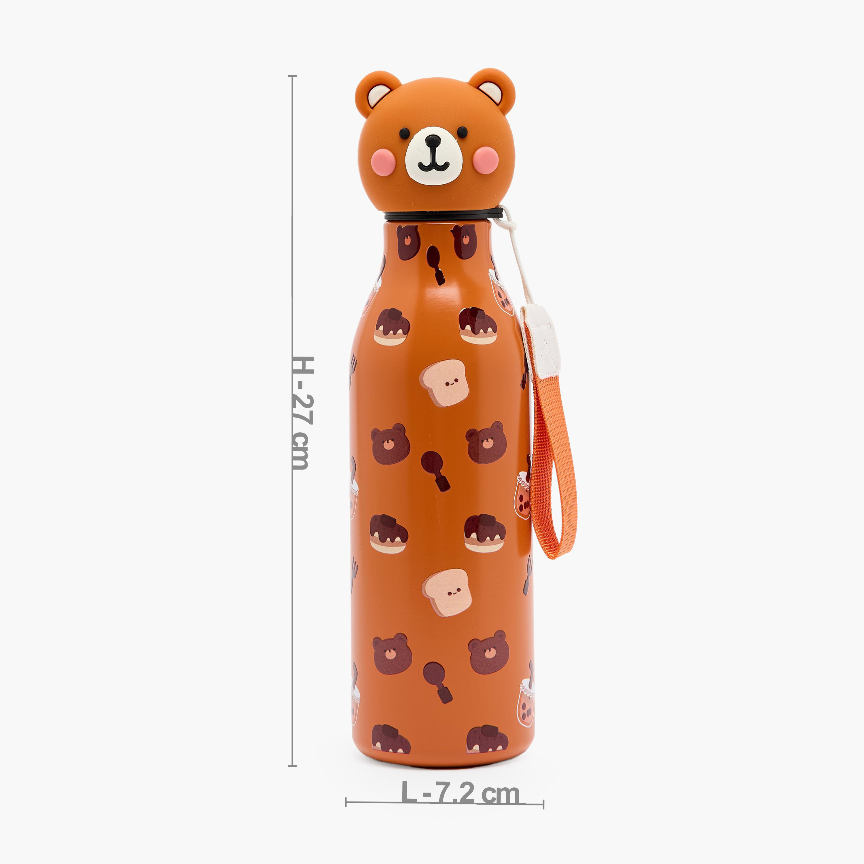 Bear Print Stainless Steel Water Bottle with Wristlet Strap - 550 ml-school-waterbottles-image-3