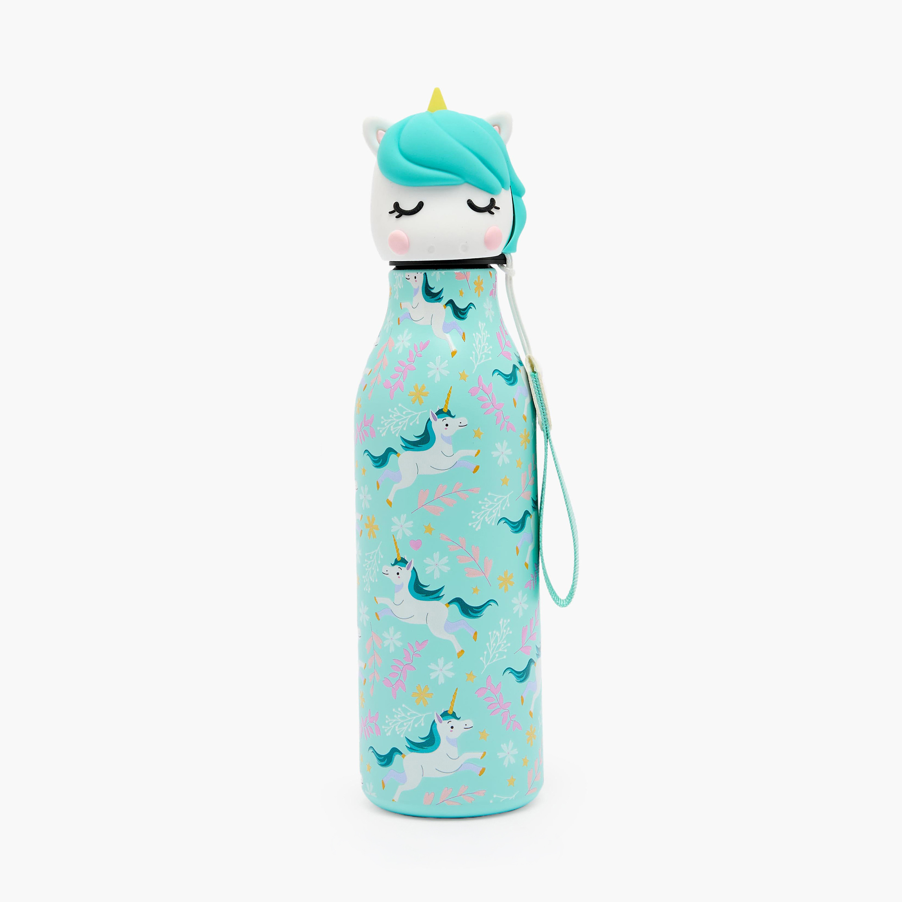 Unicorn Print Stainless Steel Water Bottle with Wristlet Strap - 550 ml-school-waterbottles-image-1
