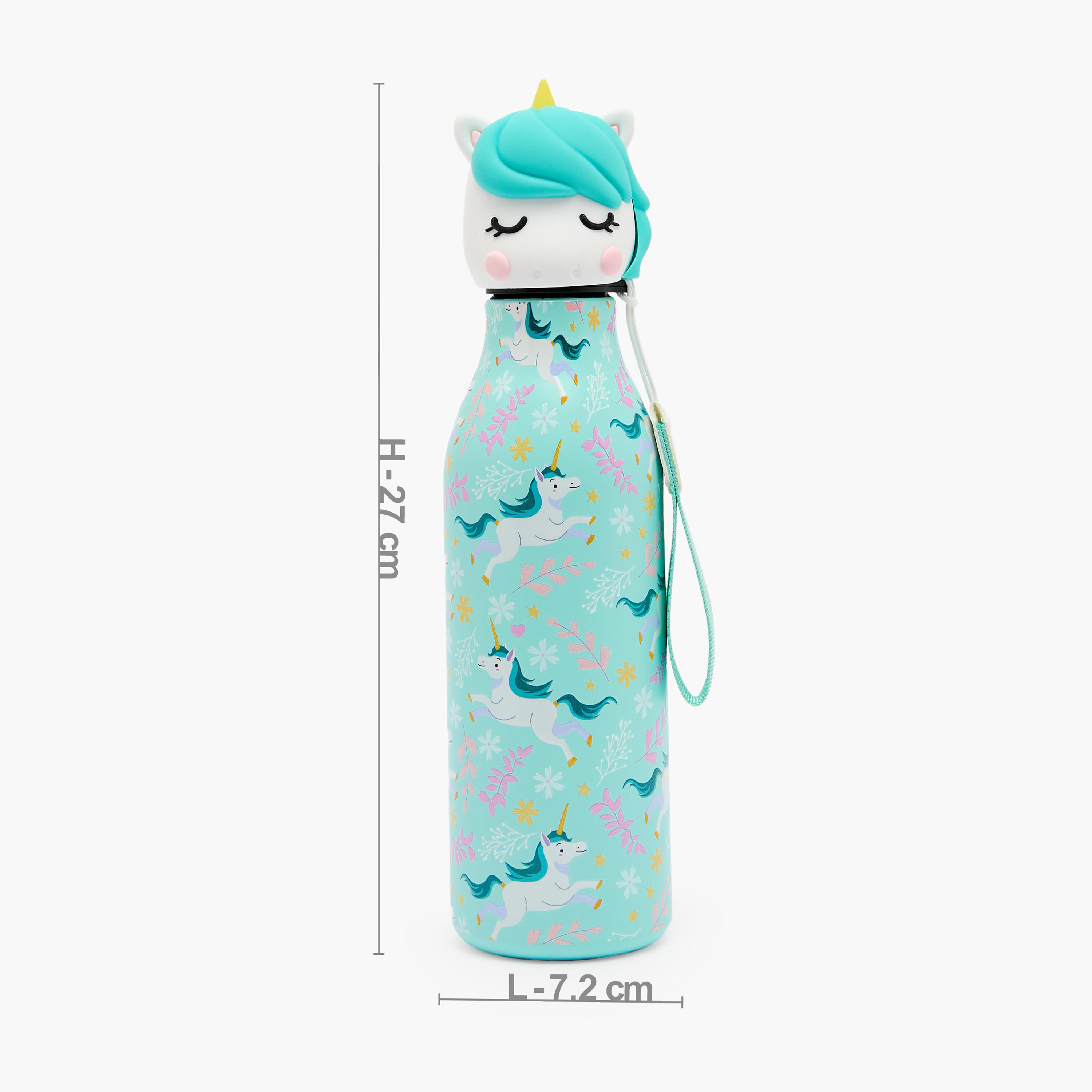 Unicorn Print Stainless Steel Water Bottle with Wristlet Strap - 550 ml-school-waterbottles-image-3