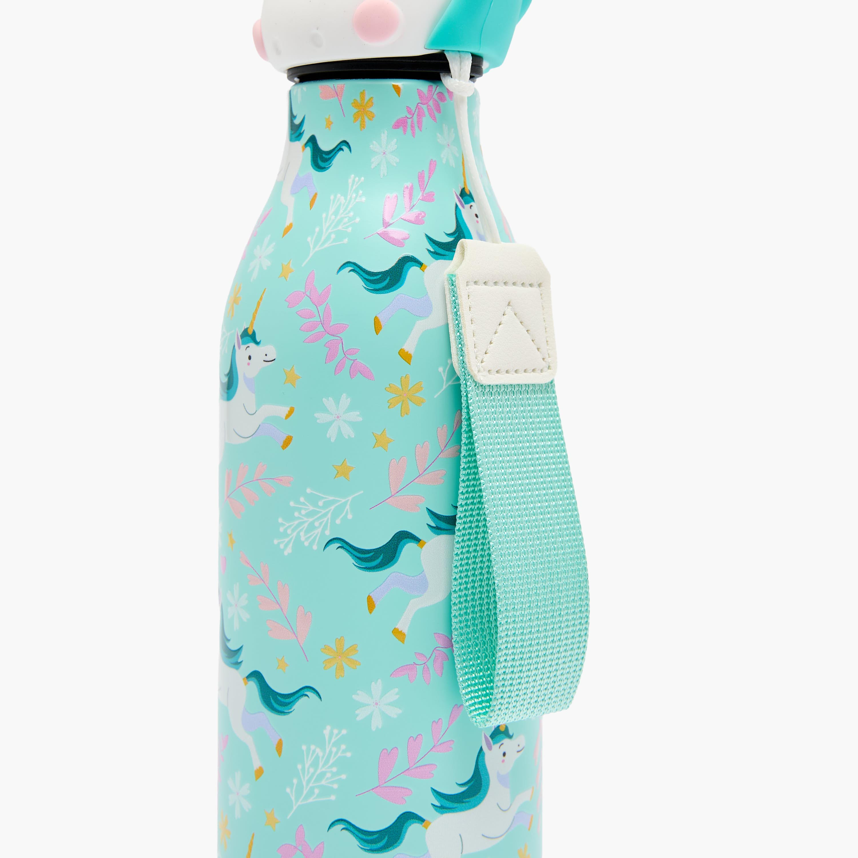 Unicorn Print Stainless Steel Water Bottle with Wristlet Strap - 550 ml-school-waterbottles-image-6