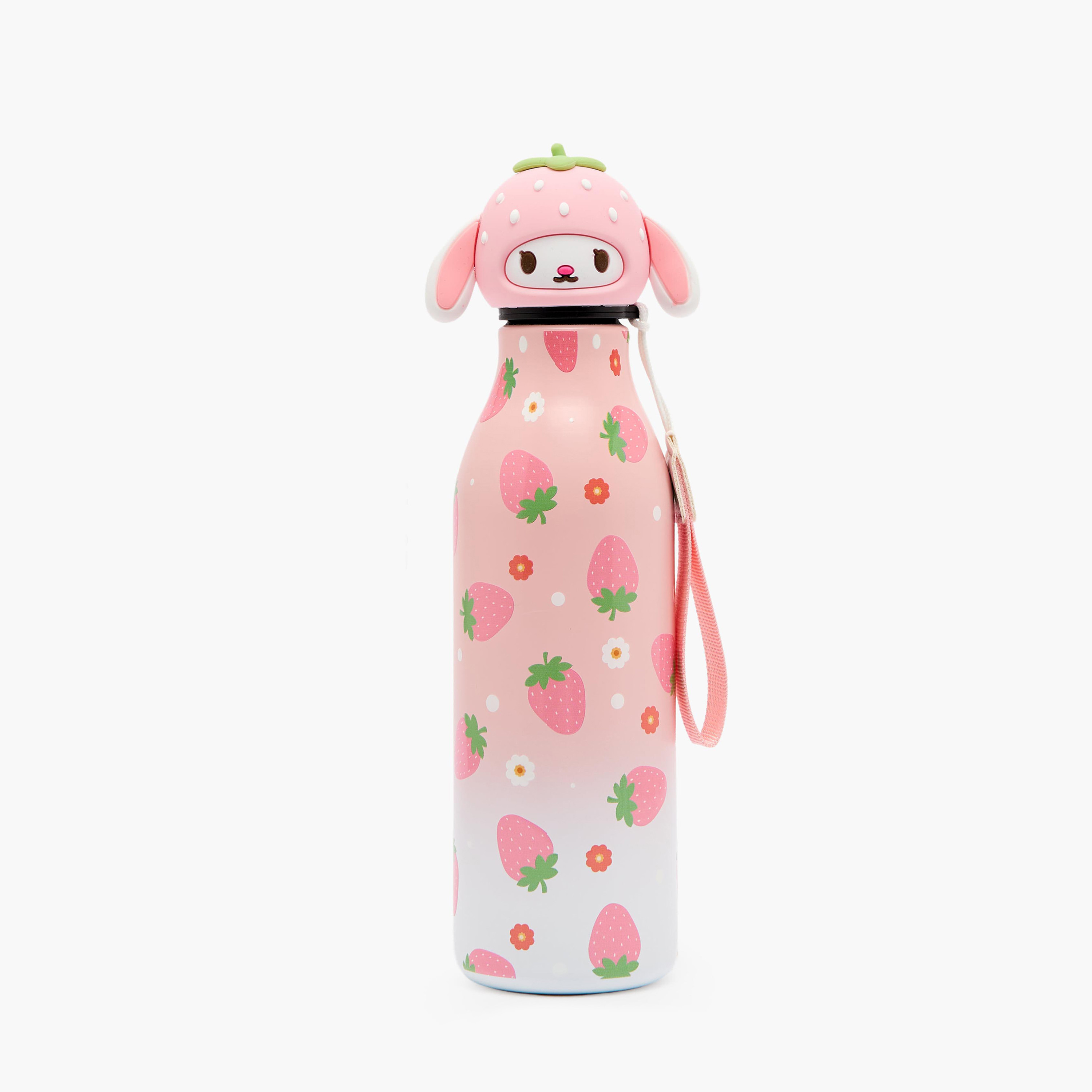 Strawberry Print Stainless Steel Water Bottle with Wristlet Strap - 550 ml-school-waterbottles-image-1