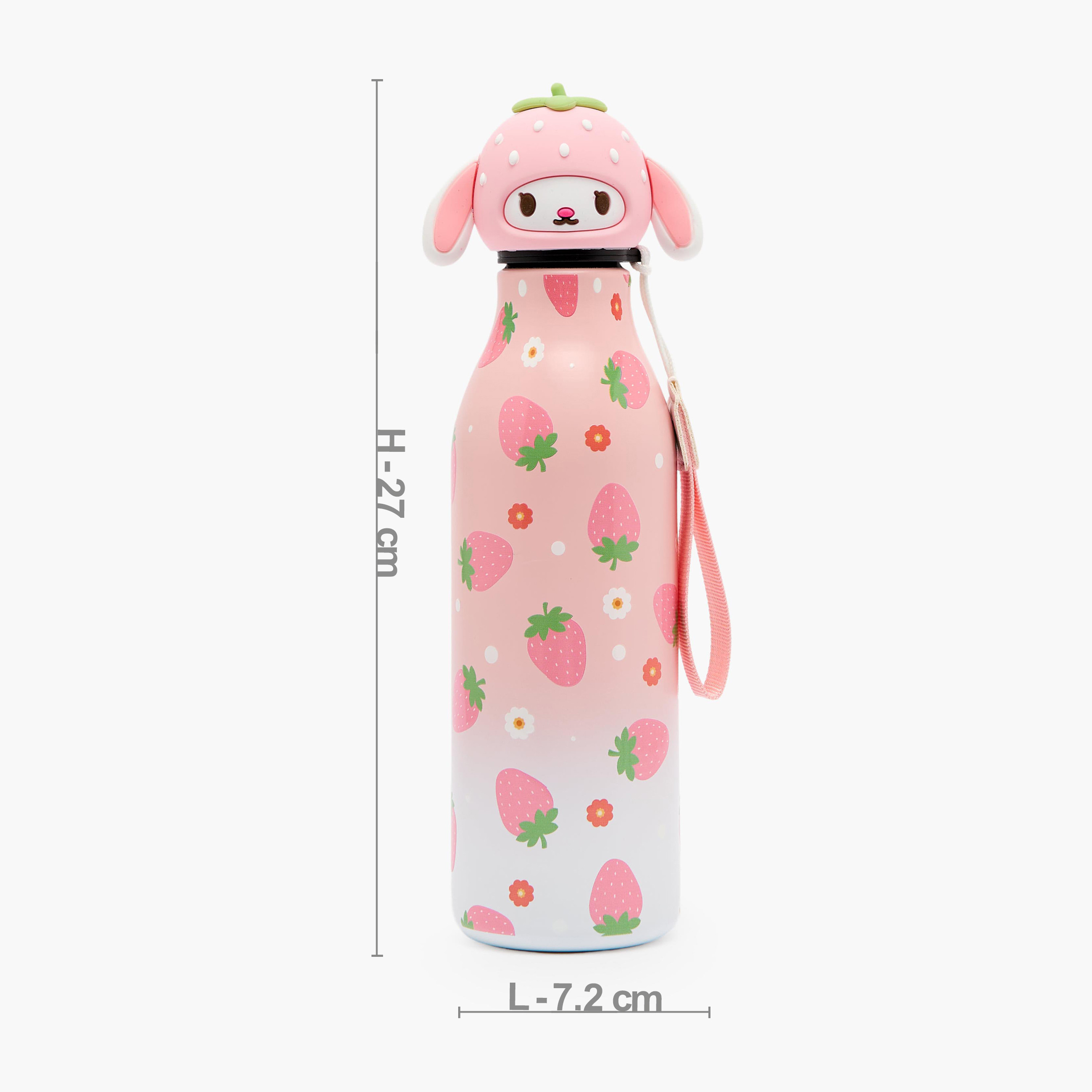Strawberry Print Stainless Steel Water Bottle with Wristlet Strap - 550 ml-school-waterbottles-image-3