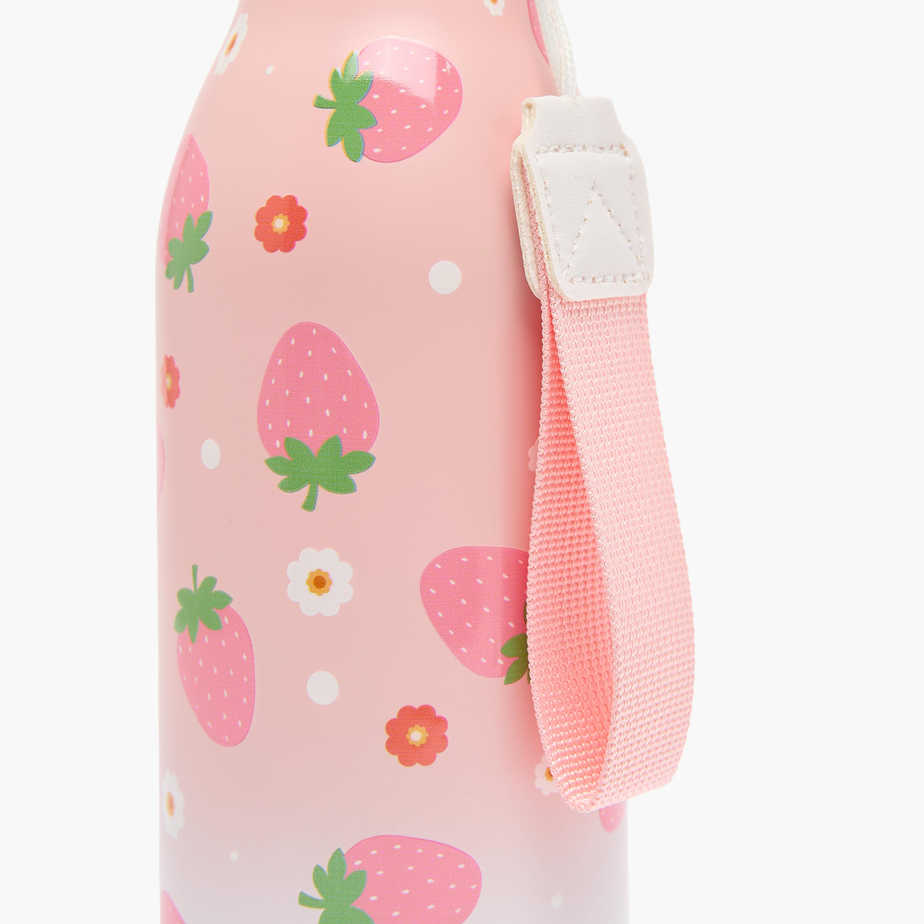 Strawberry Print Stainless Steel Water Bottle with Wristlet Strap - 550 ml-school-waterbottles-image-6